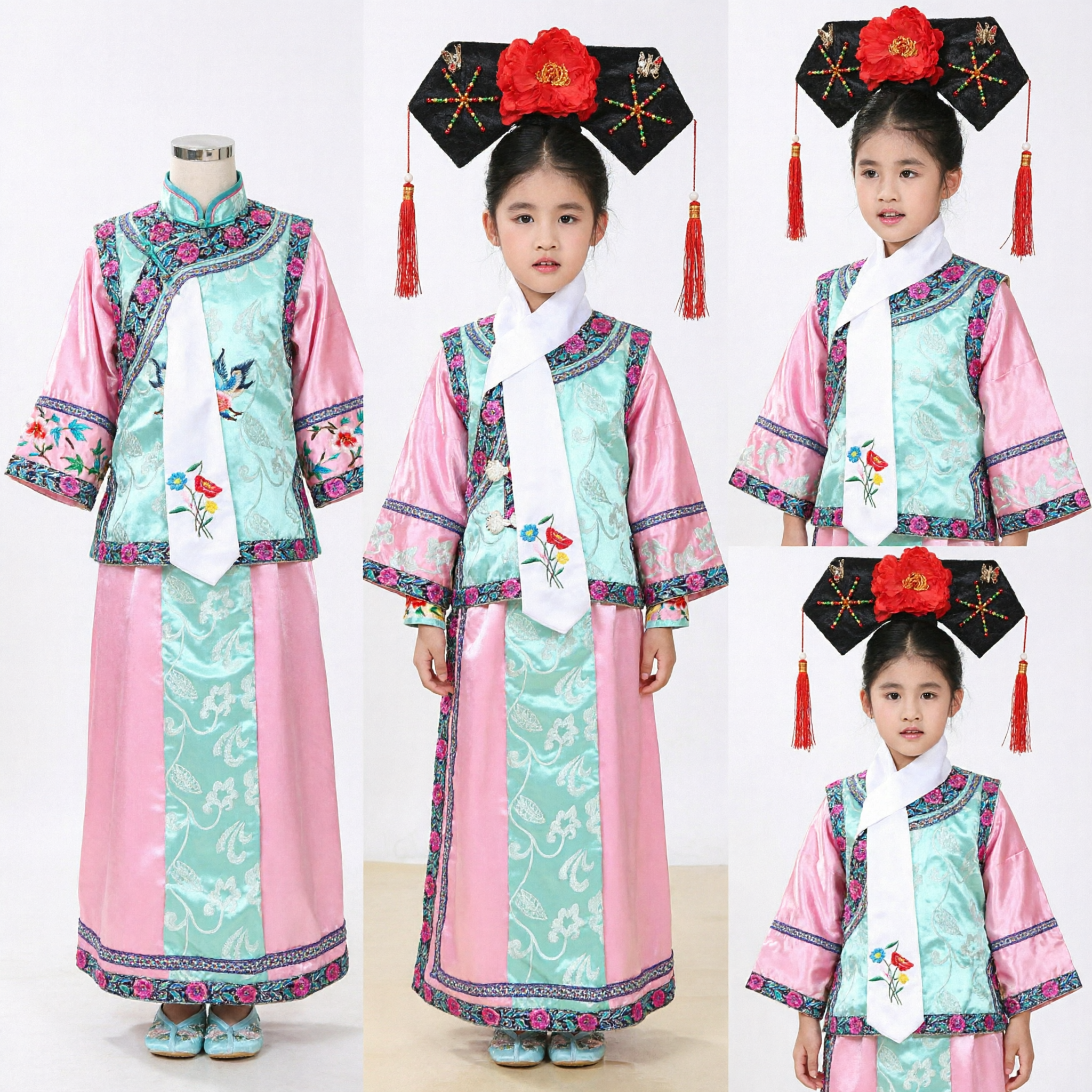 Costume de princesse mandchoue de la dynastie Qing traditionnelle chinoise pour filles enfants - Ensemble robe ancienne brodée et coiffe - Asian Costume