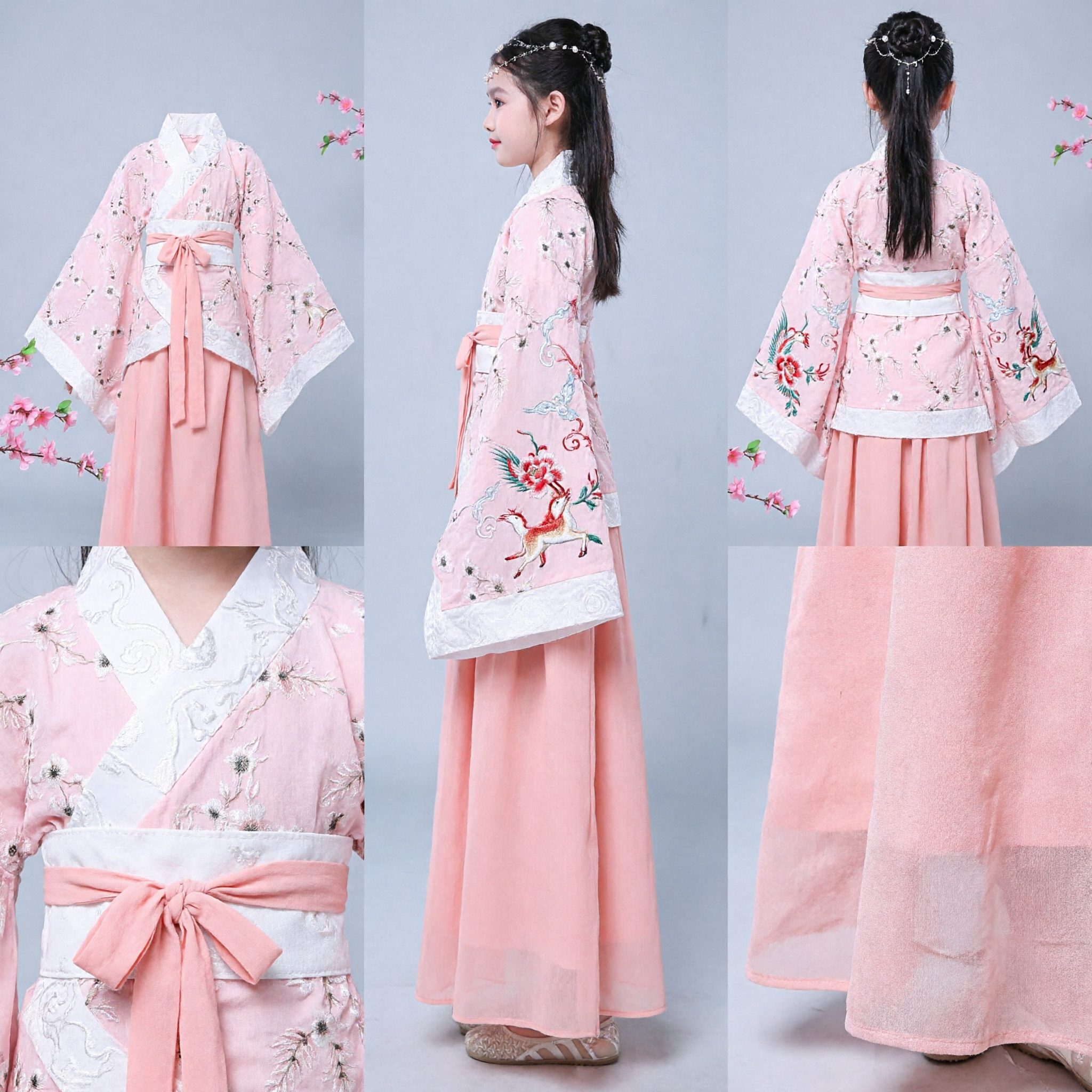 Costume Hanfu Tradizionale Cinese per Bambine, Abito da Principessa Antica con Ricamo Floreale Rosa per Spettacoli - Asian Costume