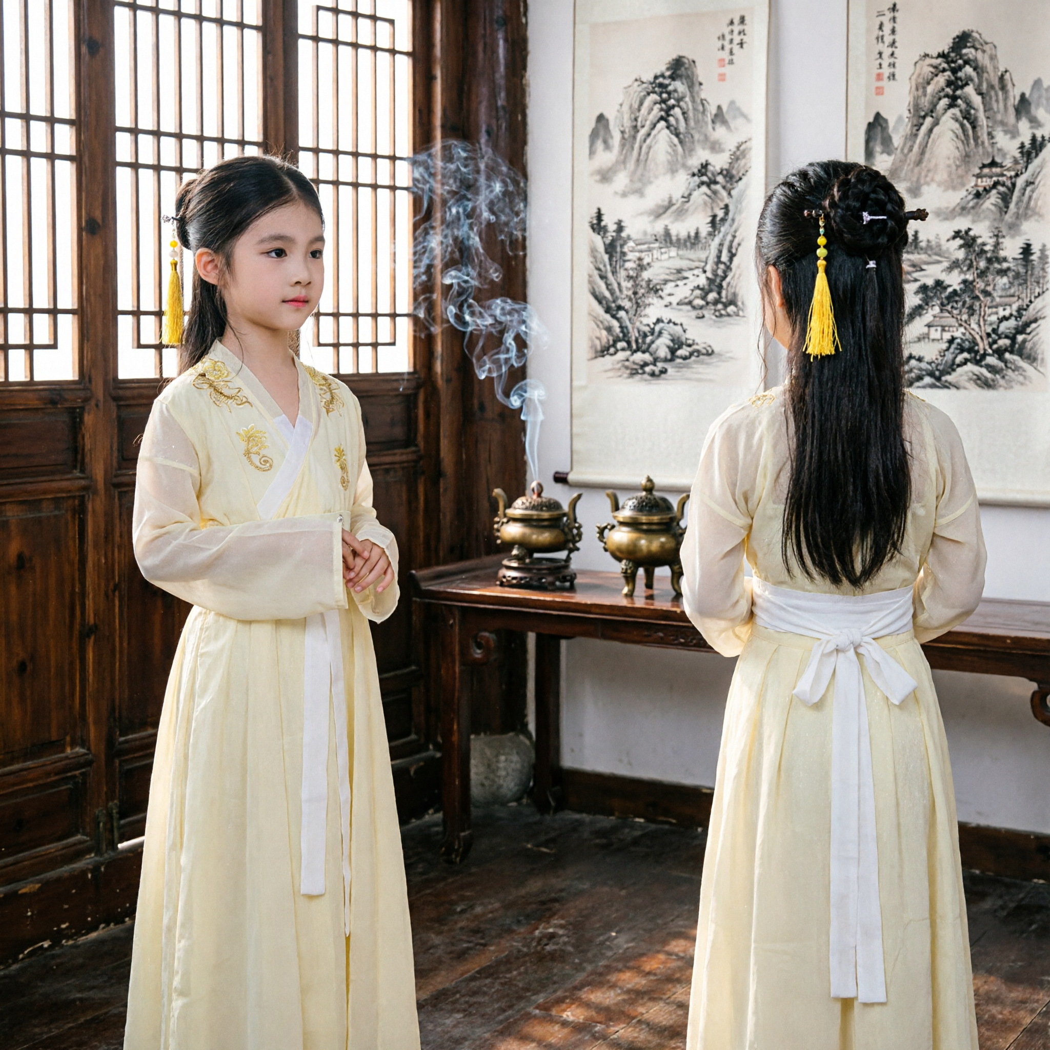 Meisjes Traditionele Chinese Hanfu Jurk Kinderen Oude Tang-dynastie Prinseskostuum Geel Geborduurde Gewaad voor Optreden - Asian Costume