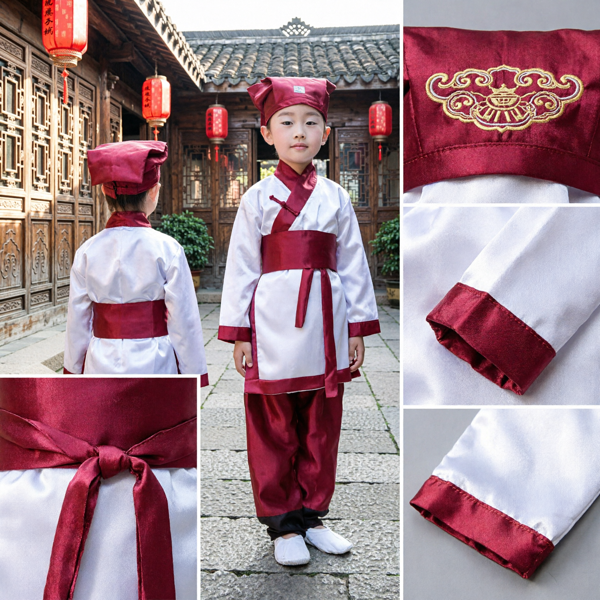 Traje de Erudito Chino Antiguo para Niños Tradicional Hanfu Rojo y Blanco Atuendo de Niño Estudiante para Presentaciones en Escenario - Asian Costume