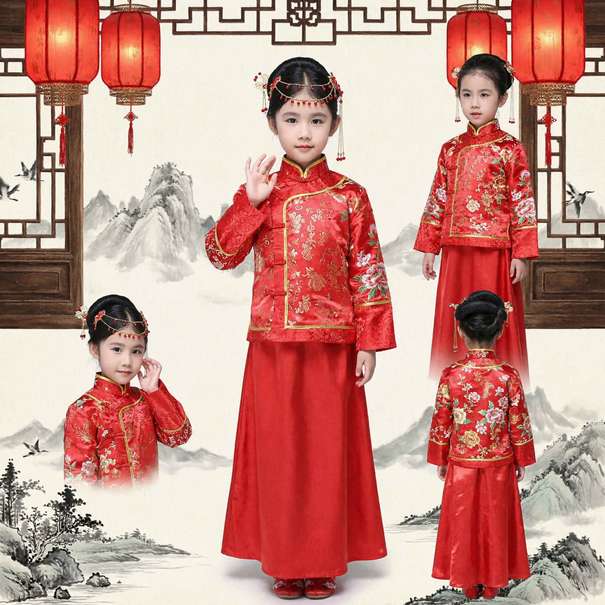 Traditionelles chinesisches Neujahrskostüm für Mädchen, rot besticktes Tang-Anzug-Oberteil und Rock-Set, Kinder Frühlingsfest-Outfit - Asian Costume