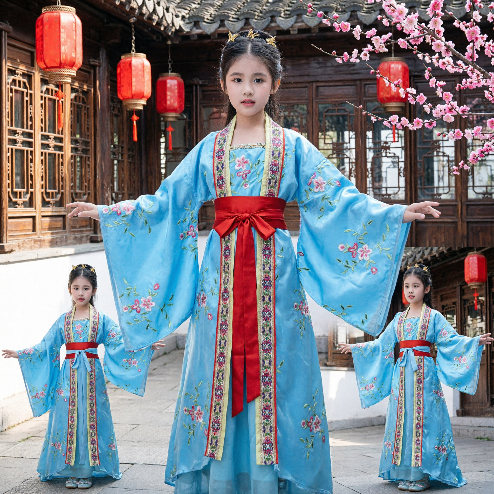 Meisjes Blauw Chinees Traditioneel Hanfu Oud Prinseskostuum Geborduurde Wijdmouwjurk voor Kinderen Cultureel Optreden - Asian Costume