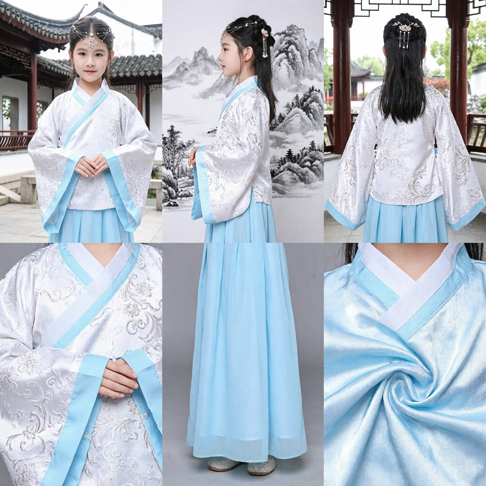 Costume Hanfu Tradizionale Cinese per Bambine, Abito da Principessa Fata Antica in Tonalità Blu e Bianco - Asian Costume