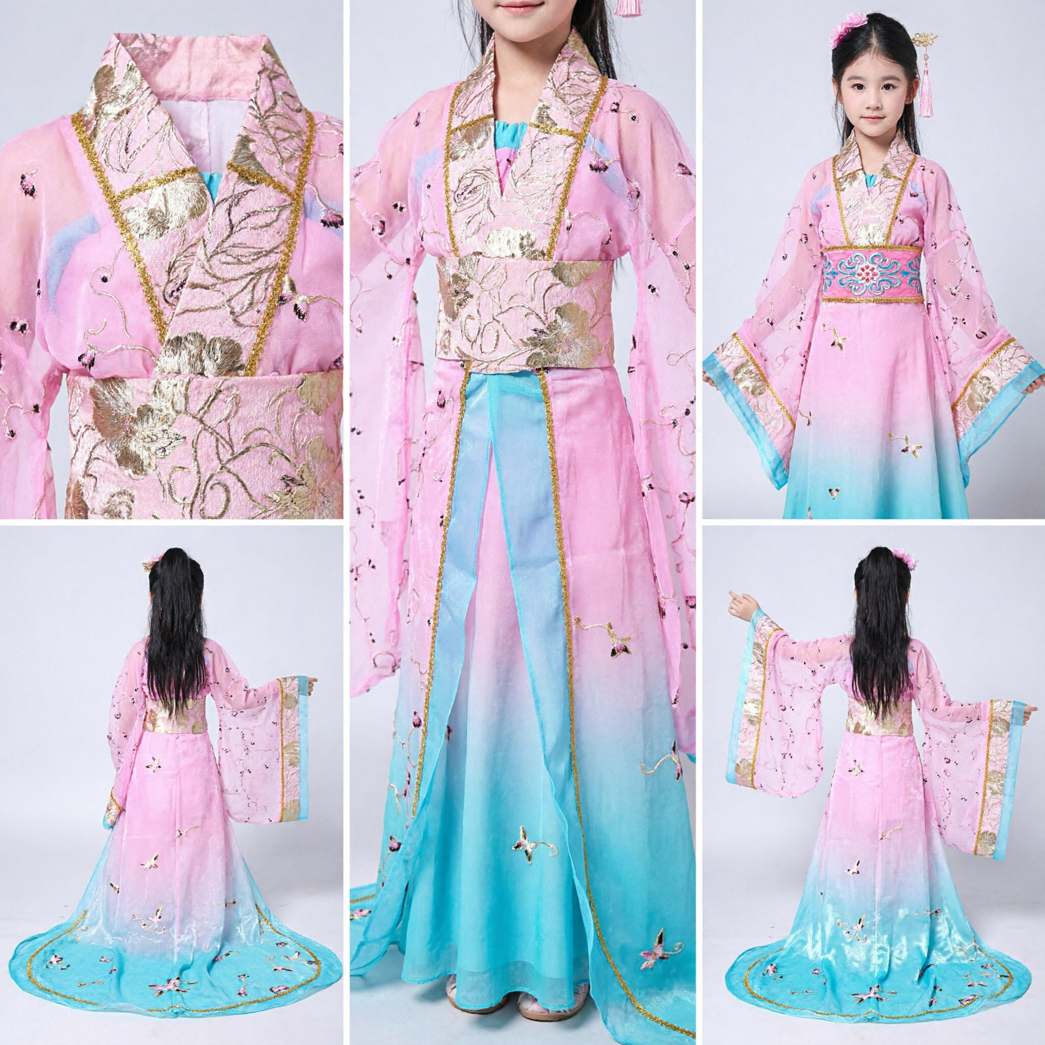 소녀 어린이용 핑크 중국 전통 한푸 의상 당나라 공주 드레스 무대 공연용 - Asian Costume