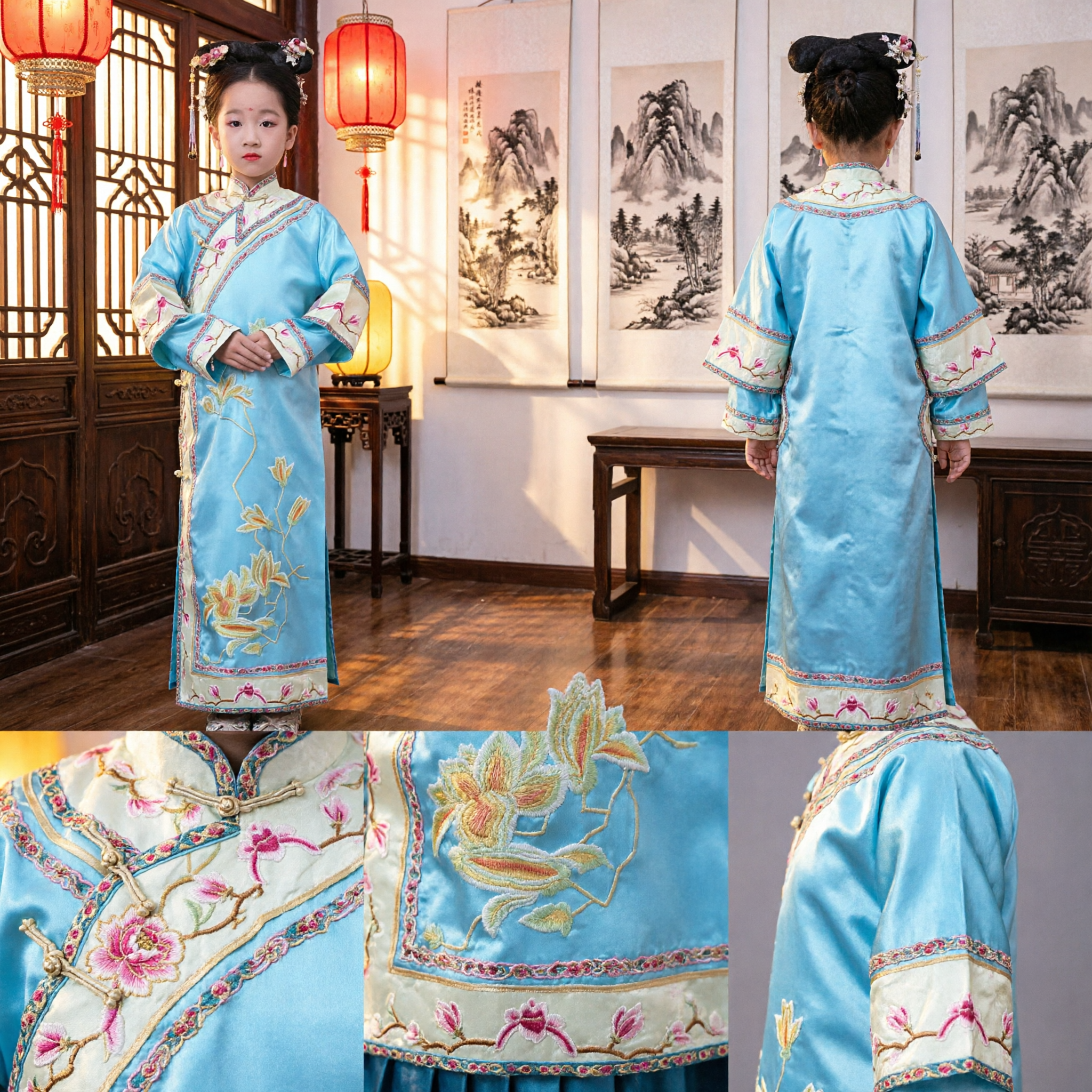 Traditionelles chinesisches Qing-Dynastie Prinzessinnenkostüm für Kinder blau besticktes antikes Gege-Gewand Kleid - Asian Costume