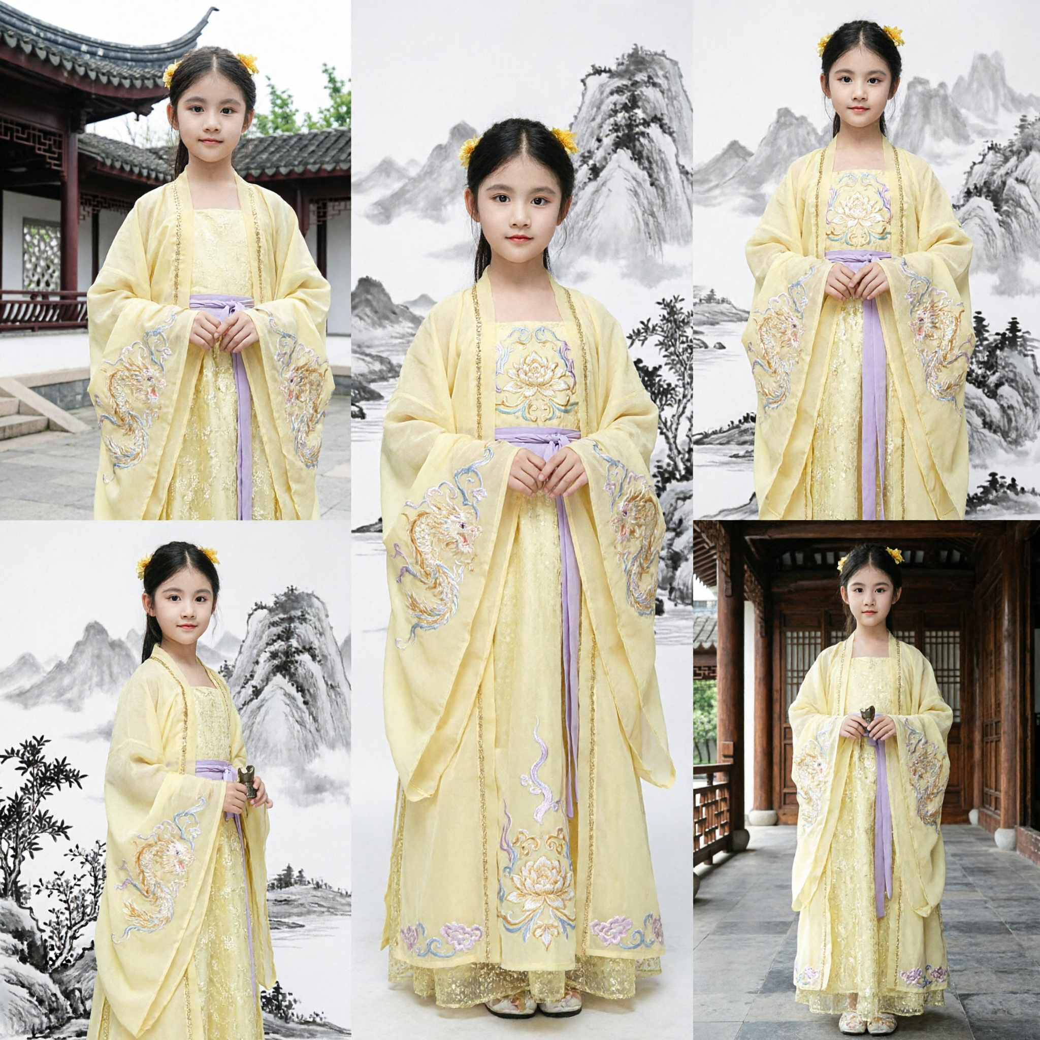 Traje de Princesa Fada Antiga Hanfu Chinês Tradicional para Meninas Crianças Conjunto de Performance Vestido Amarelo - Asian Costume