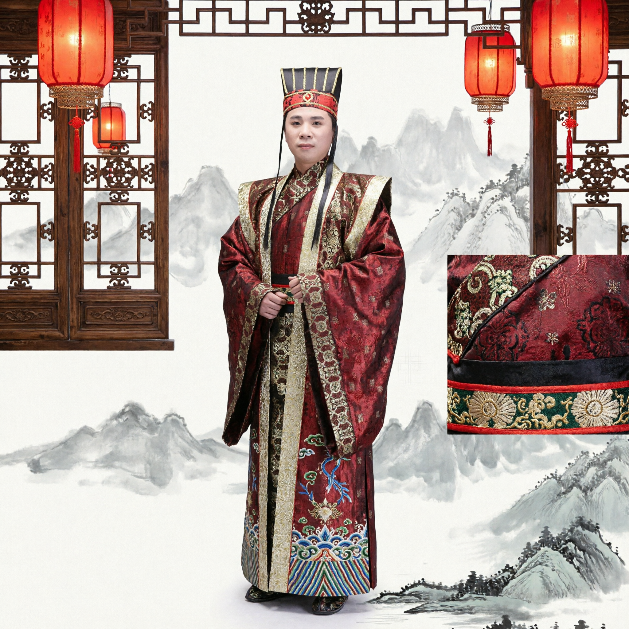 Costume Hanfu Cinese Antico per Uomini, Veste Ufficiale in Broccato Rosso per Matrimoni e Spettacoli - Asian Costume