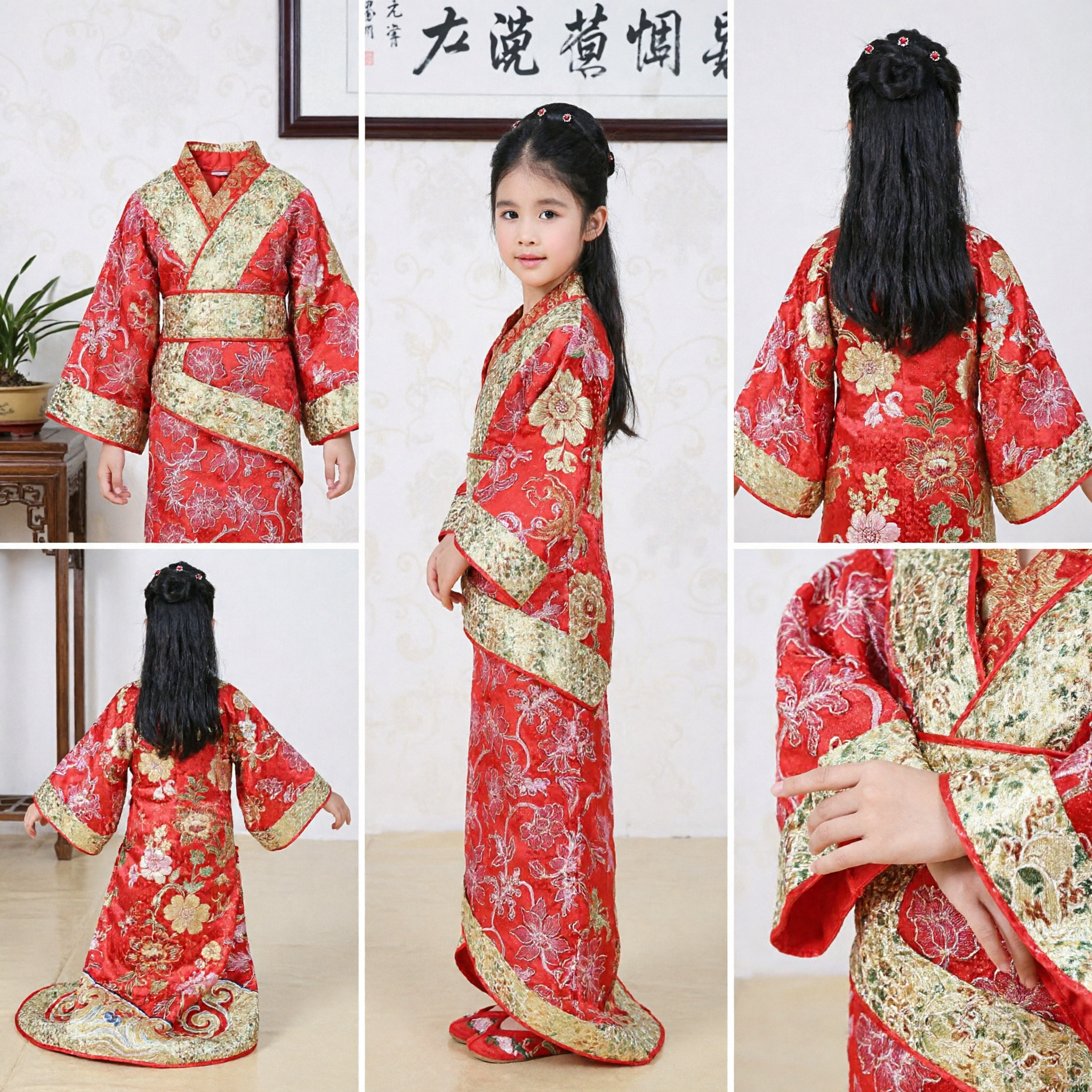 Traje Tradicional Chino Hanfu para Niñas Vestido Rojo Antiguo de Princesa para Presentaciones en Festivales Infantiles - Asian Costume