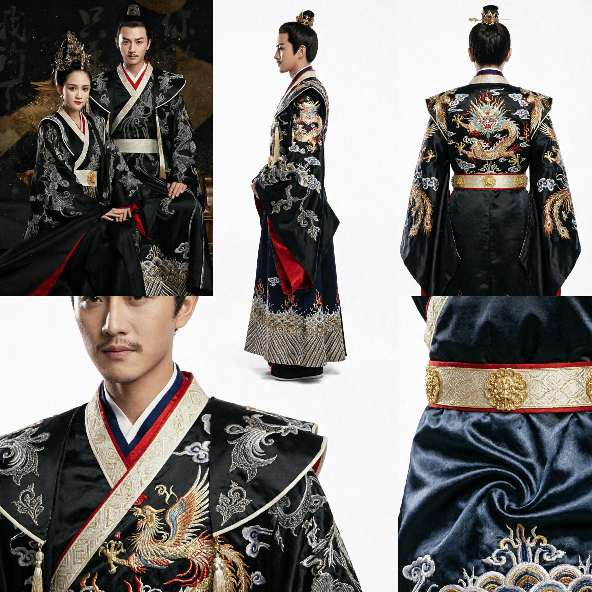 طقم زي الهانفو الصيني القديم للزوجين - أردية إمبراطور وإمبراطورة باللون الأسود لحفلات الزفاف أو الكوزبلاي - Asian Costume