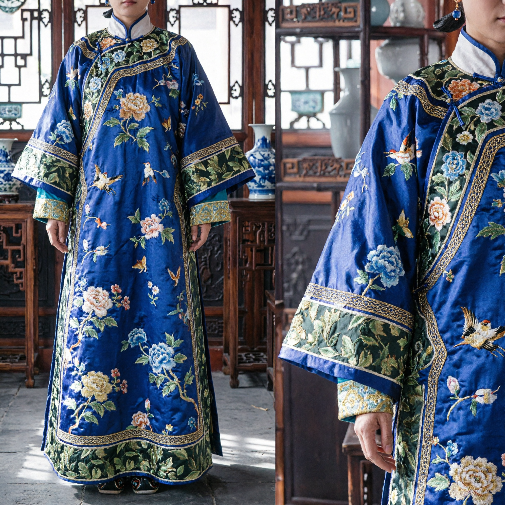 Capa Azul con Bordado Floral Tradicional China de la Dinastía Qing, Traje de Dama de Palacio Antiguo para Mujer - Asian Costume