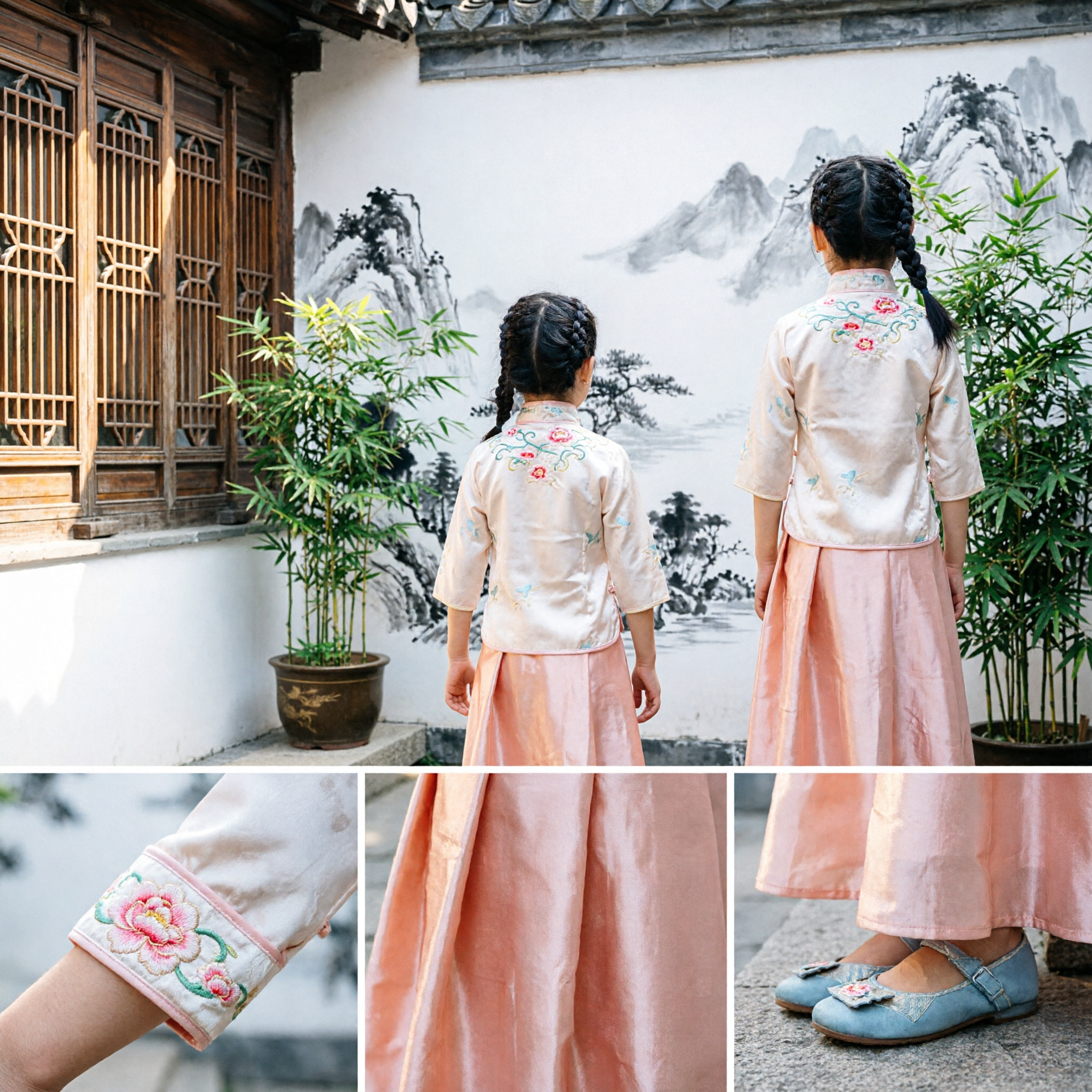 طقم بلوزة تانغ سويت وتنورة طويلة للفتيات - زي هانفو للأطفال للعروض - Asian Costume