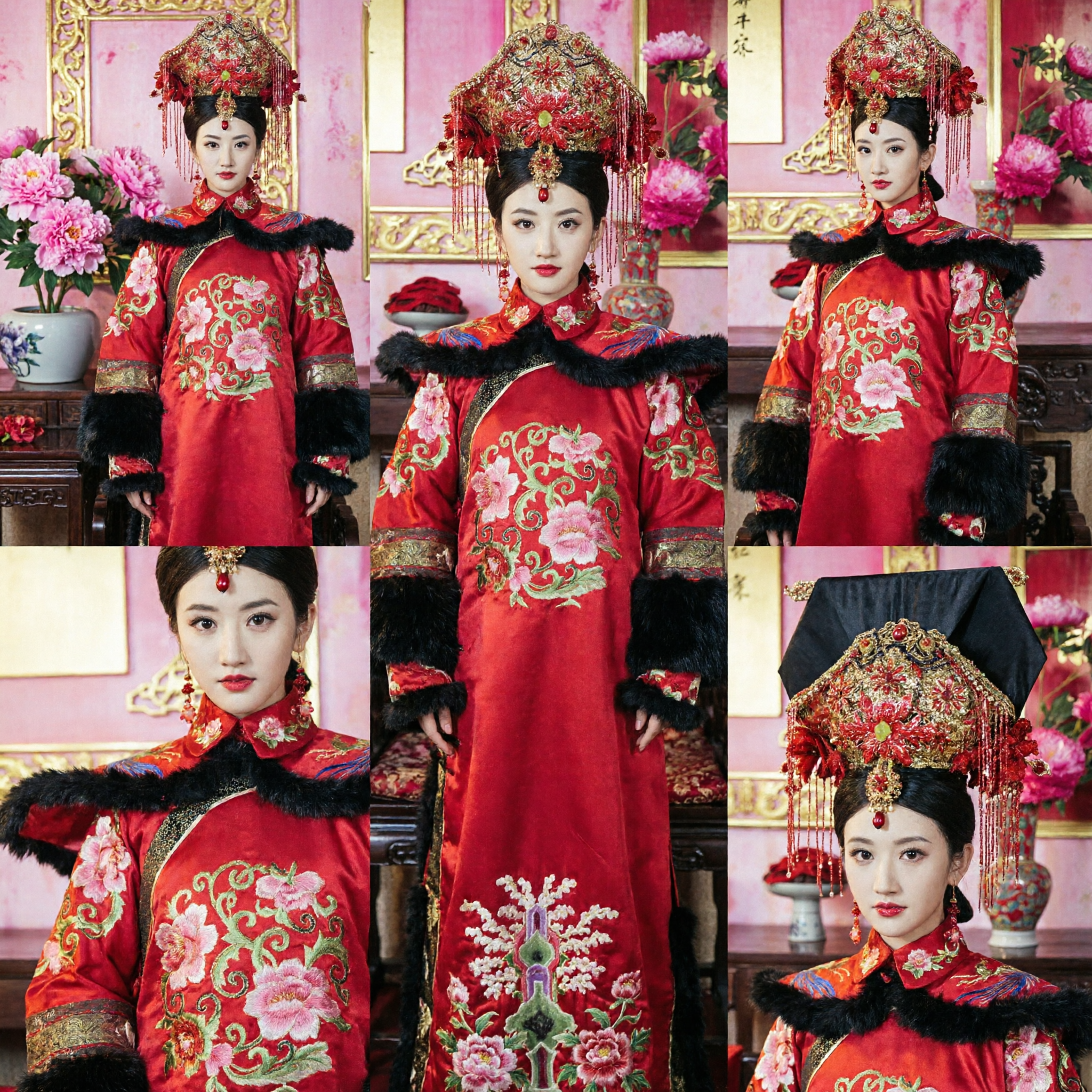 Starożytny chiński strój cesarzowej z dynastii Qing, czerwona szata z futrzanym obszyciem i nakryciem głowy dla kobiet do cosplayu i występów - Asian Costume