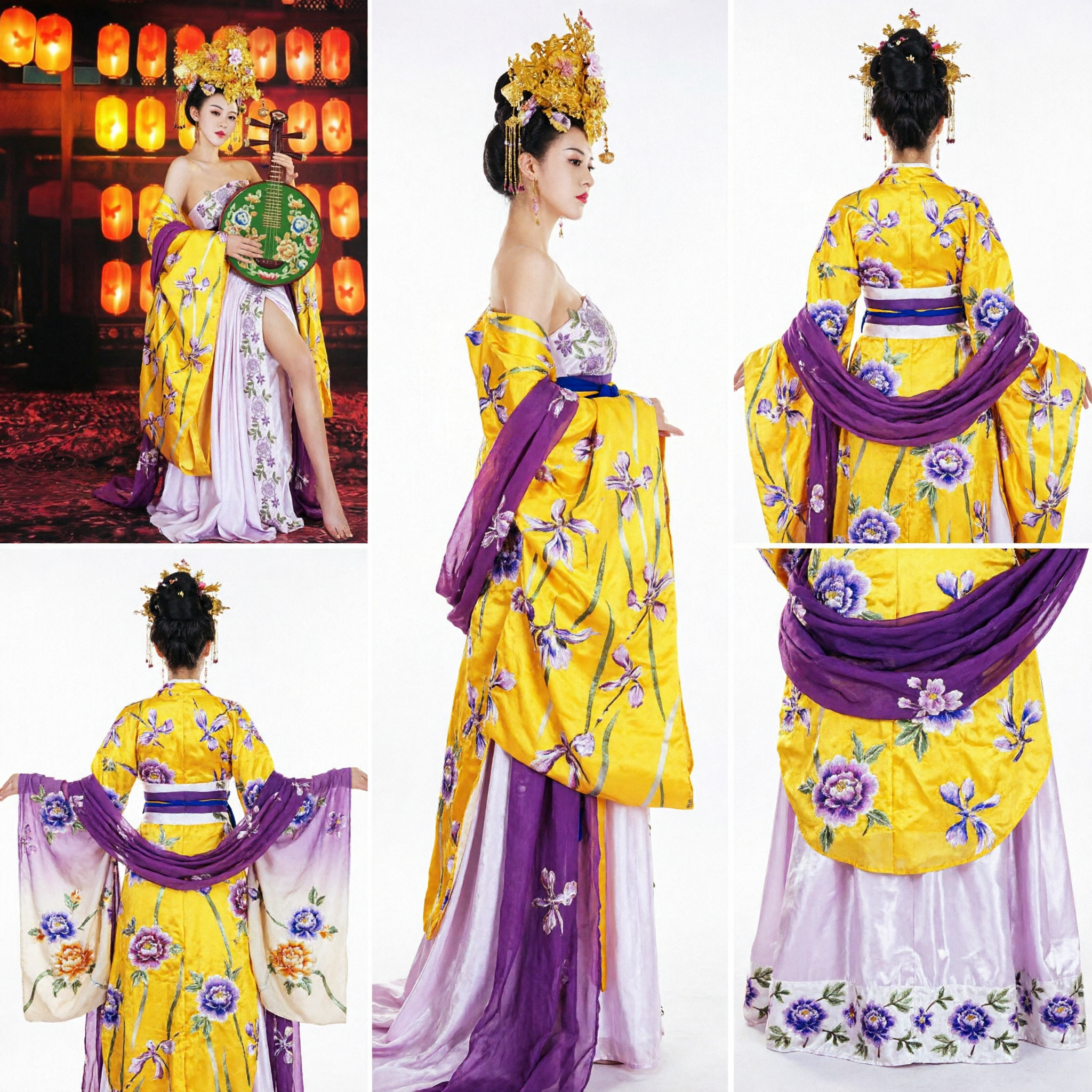 Costume traditionnel chinois de princesse de la dynastie Tang, robe de danse Hanfu jaune florale avec coiffe pour spectacle sur scène - Asian Costume