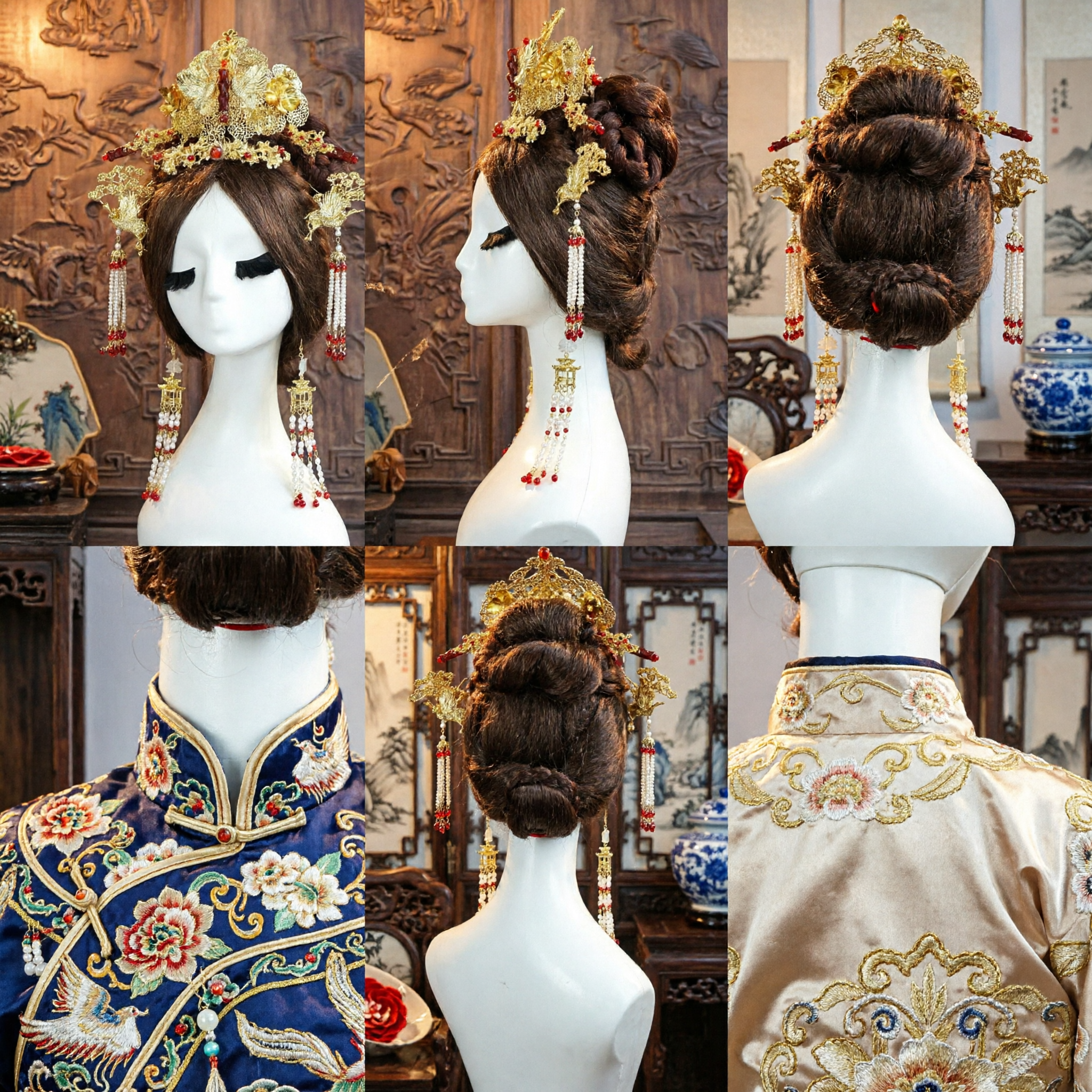 Traditioneller chinesischer antiker Palast-Phönix-Krone Goldhaarschmuck-Set mit Perlenquasten für Hanfu-Hochzeit - Asian Costume