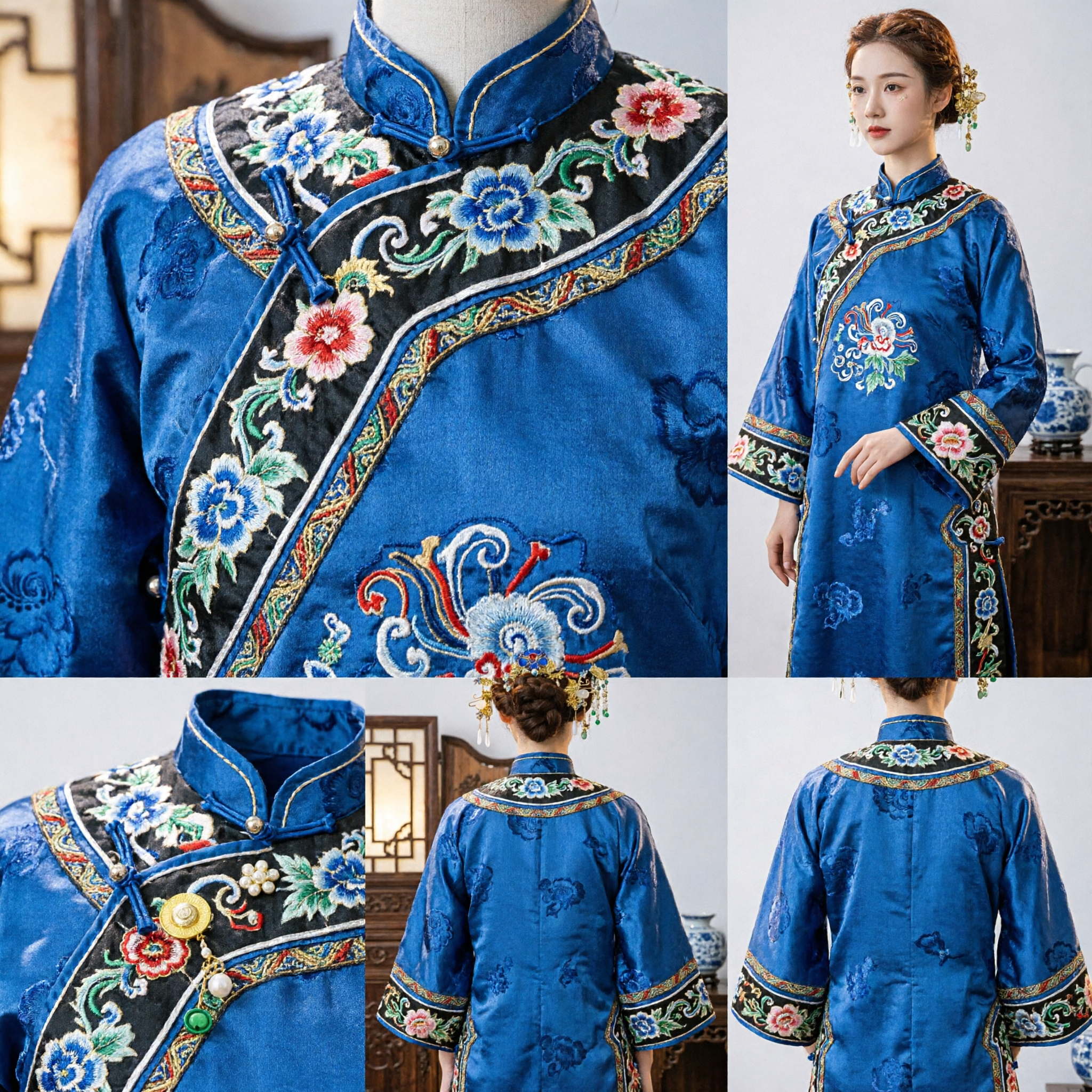 Ensemble d'accessoires capillaires traditionnels chinois, anciennes épingles à cheveux Hanfu, fleur en émail bleu avec clips à glands dorés de phénix pour femmes - Asian Costume
