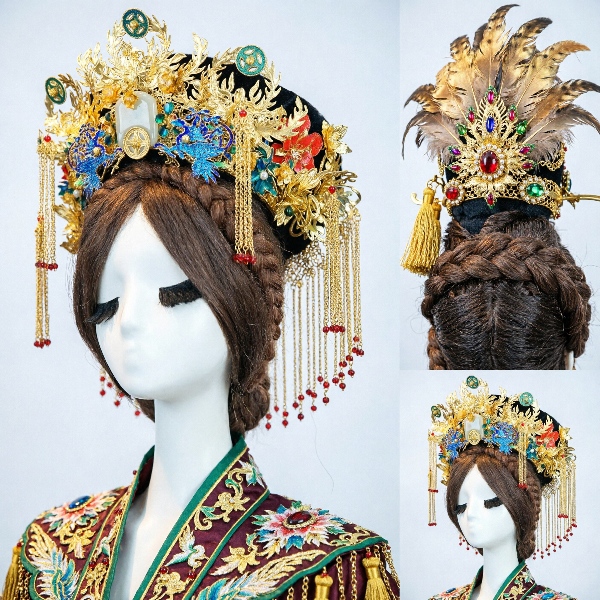 정교한 전통 중국식 봉황 관 고대 황후 한푸 웨딩 머리 장식 여성용 - Asian Costume