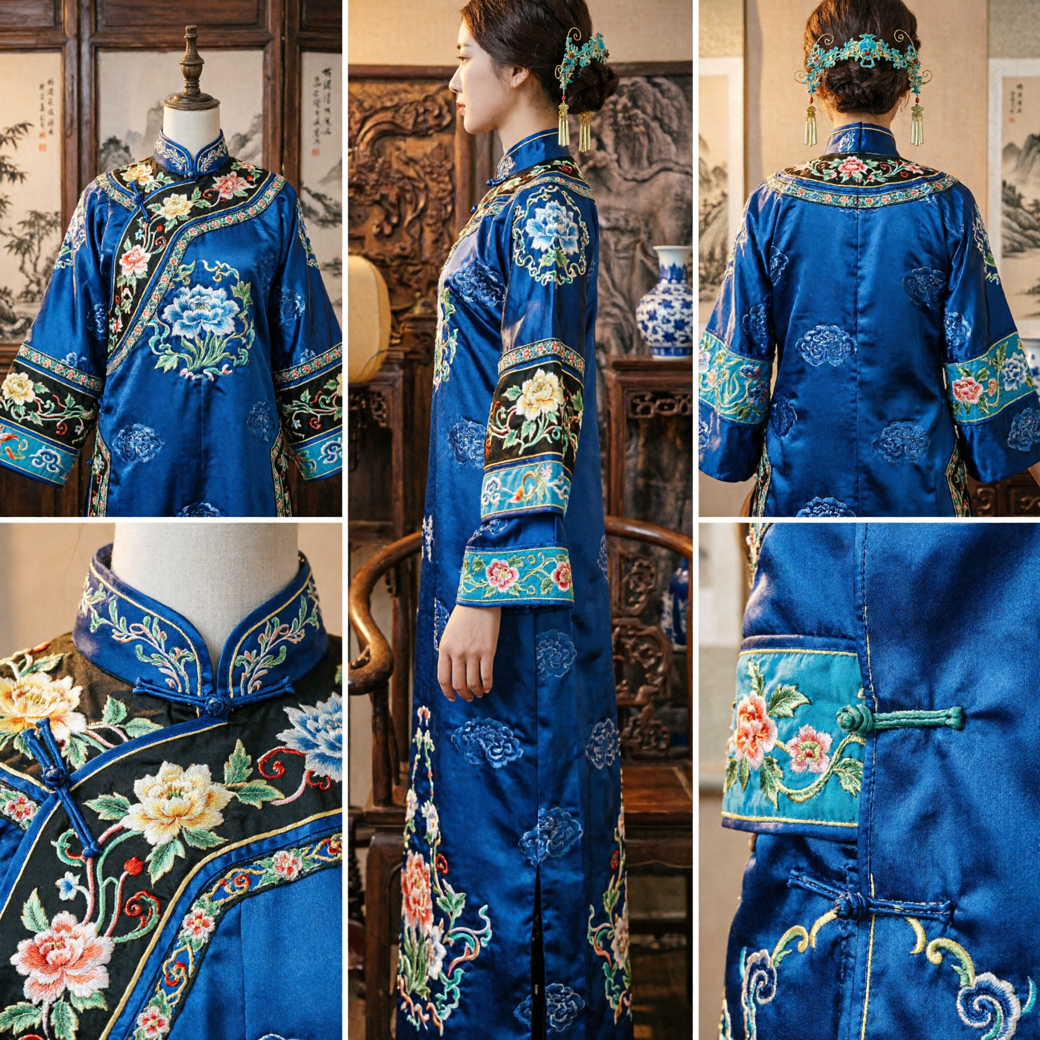 تاج الشعر الأزرق الصيني التقليدي، دبوس شعر ذهبي بزخارف نباتية مع شرابات لعرائس زفاف الهانفو للنساء - Asian Costume