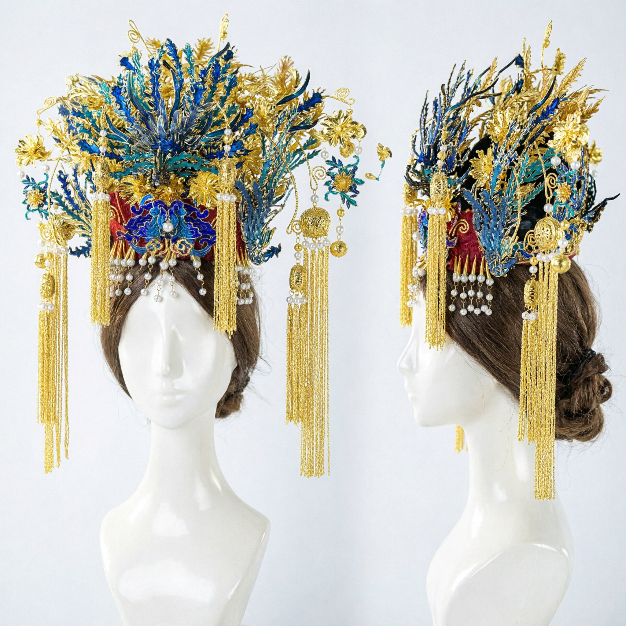 전통 중국식 웨딩 봉황 관 청색 금 깃털 머리 장식 한푸 경극 의상 신부용 - Asian Costume