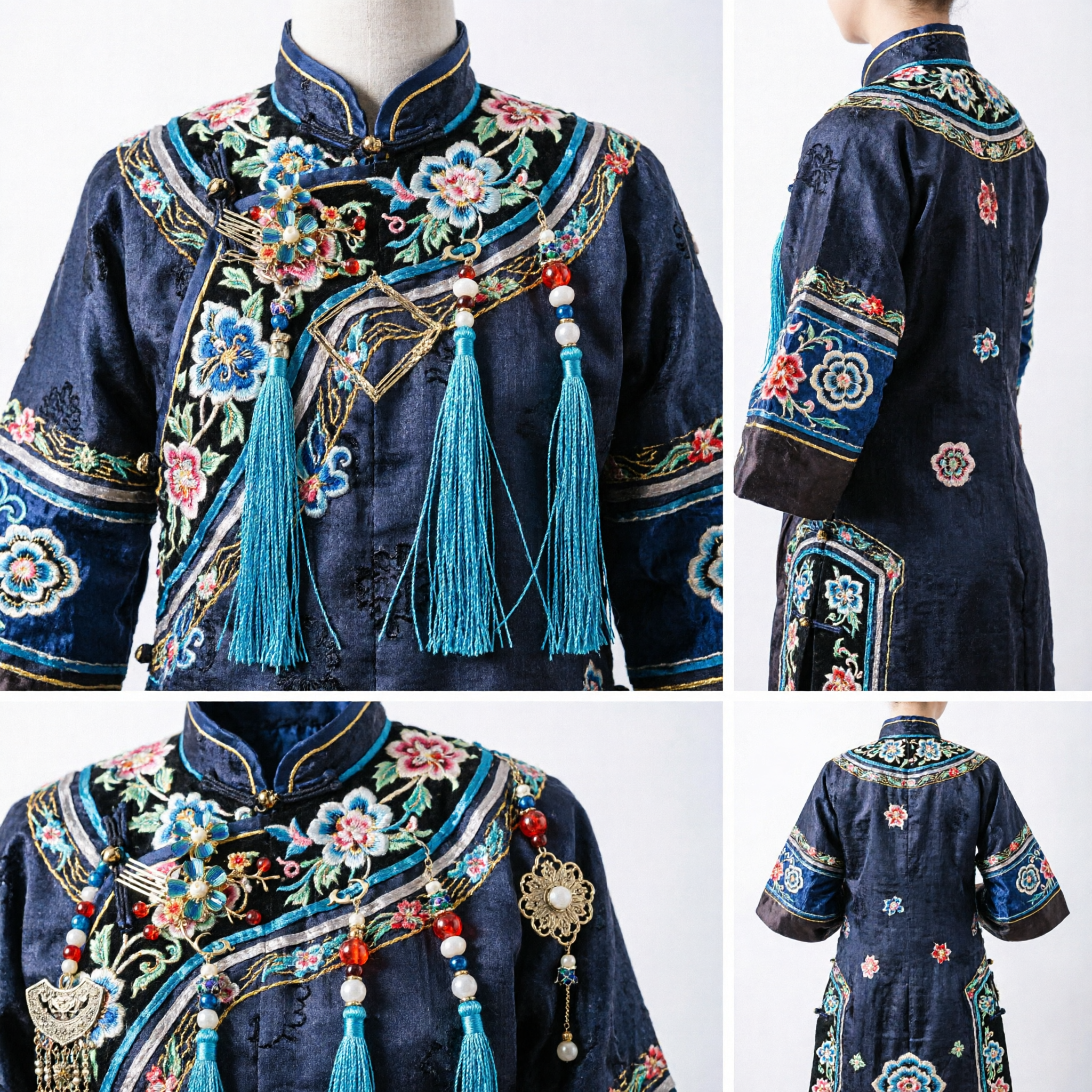 Традиционный китайский набор: гребень с синей эмалью и цветами и свисающая жемчужная шпилька для женских аксессуаров к костюму ханьфу - Asian Costume