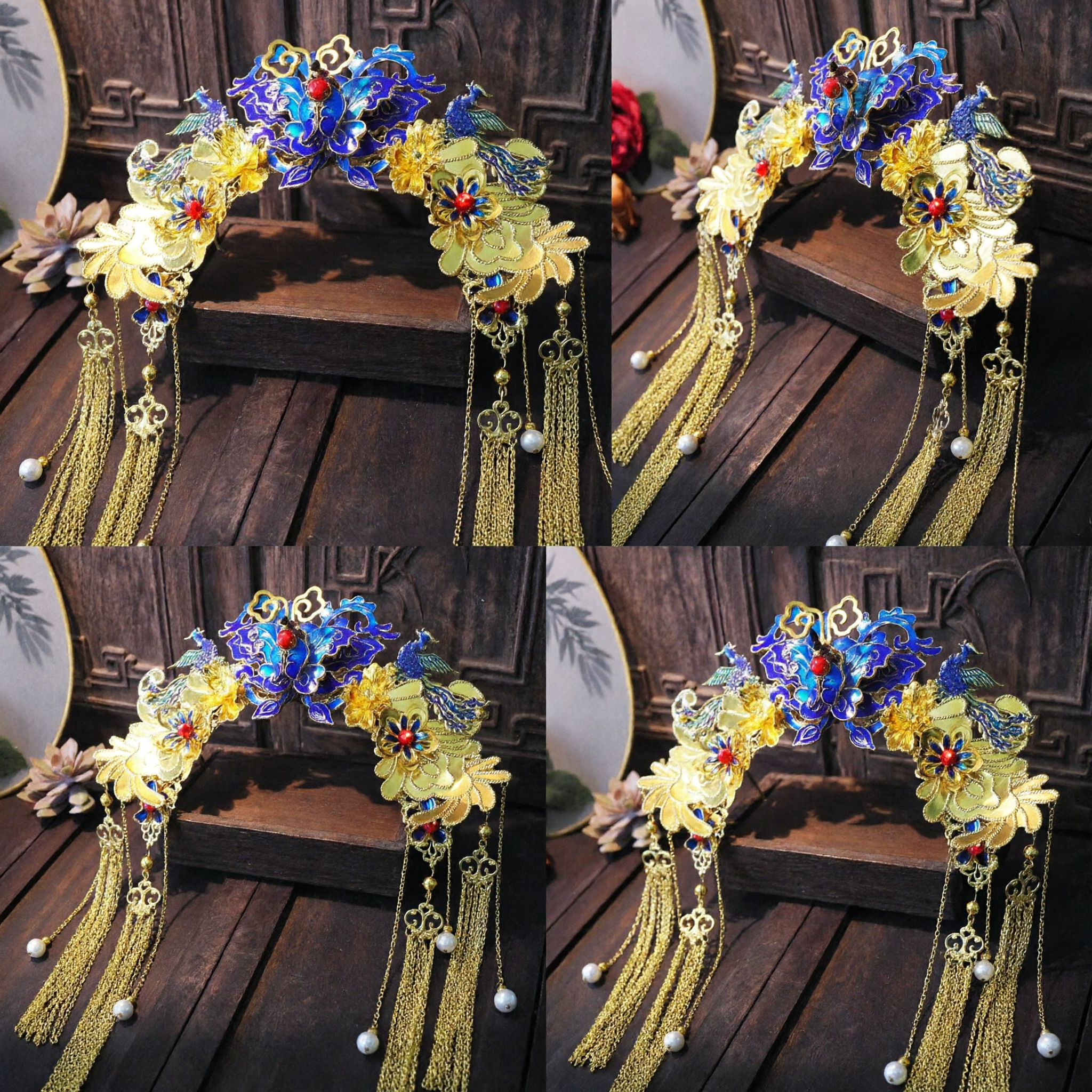 Handmade Chinese Traditional Phoenix Coronet Gold Blue Enamel Hair Crown for Hanfu Bridal Wedding - Asian Costume