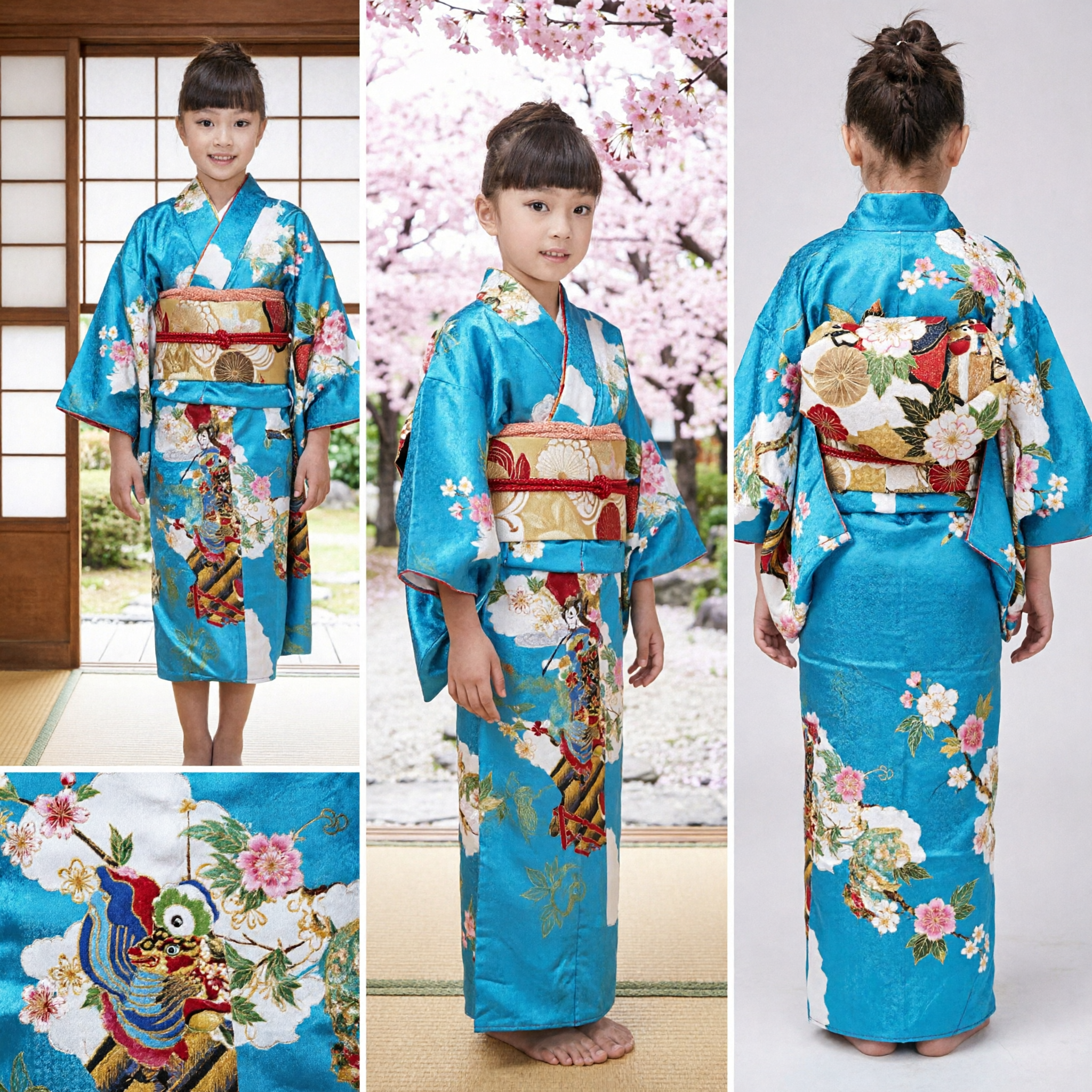 Costume Kimono Giapponese Tradizionale Floreale Blu per Bambine, Abito per Danza e Performance Festival per Bambini - Asian Costume