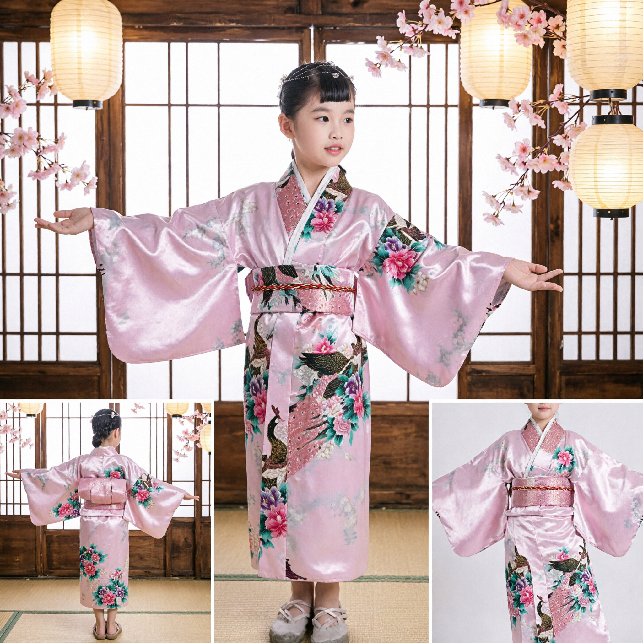 Kimono Giapponese Rosa Tradizionale per Bambine con Stampa Floreale, Costume da Danza per Performance Culturali per Bambini - Asian Costume