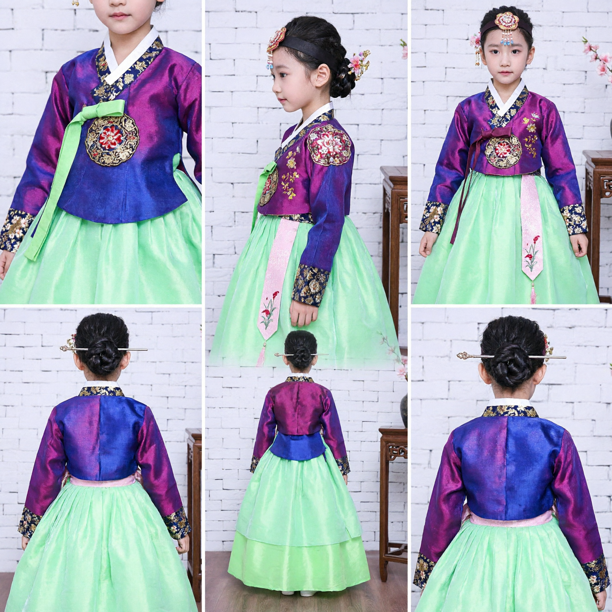 Mädchen traditionelles koreanisches Hanbok-Set lila blumiges Oberteil grüner Rock Kinderkostüm für Fest Hochzeit - Asian Costume