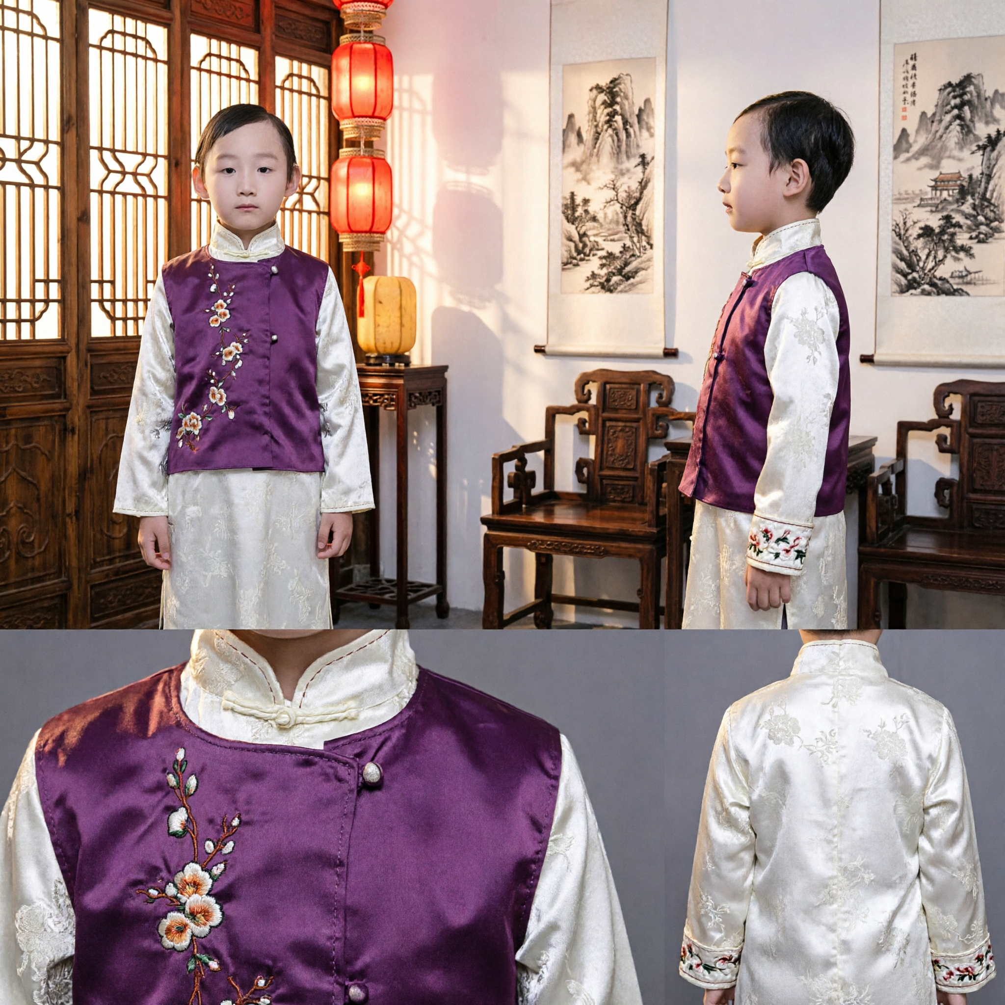Traje Tradicional Chino Tang Suit Changshan para Niños Chaleco Púrpura Bordado Traje Formal para Boda y Fiesta - Asian Costume