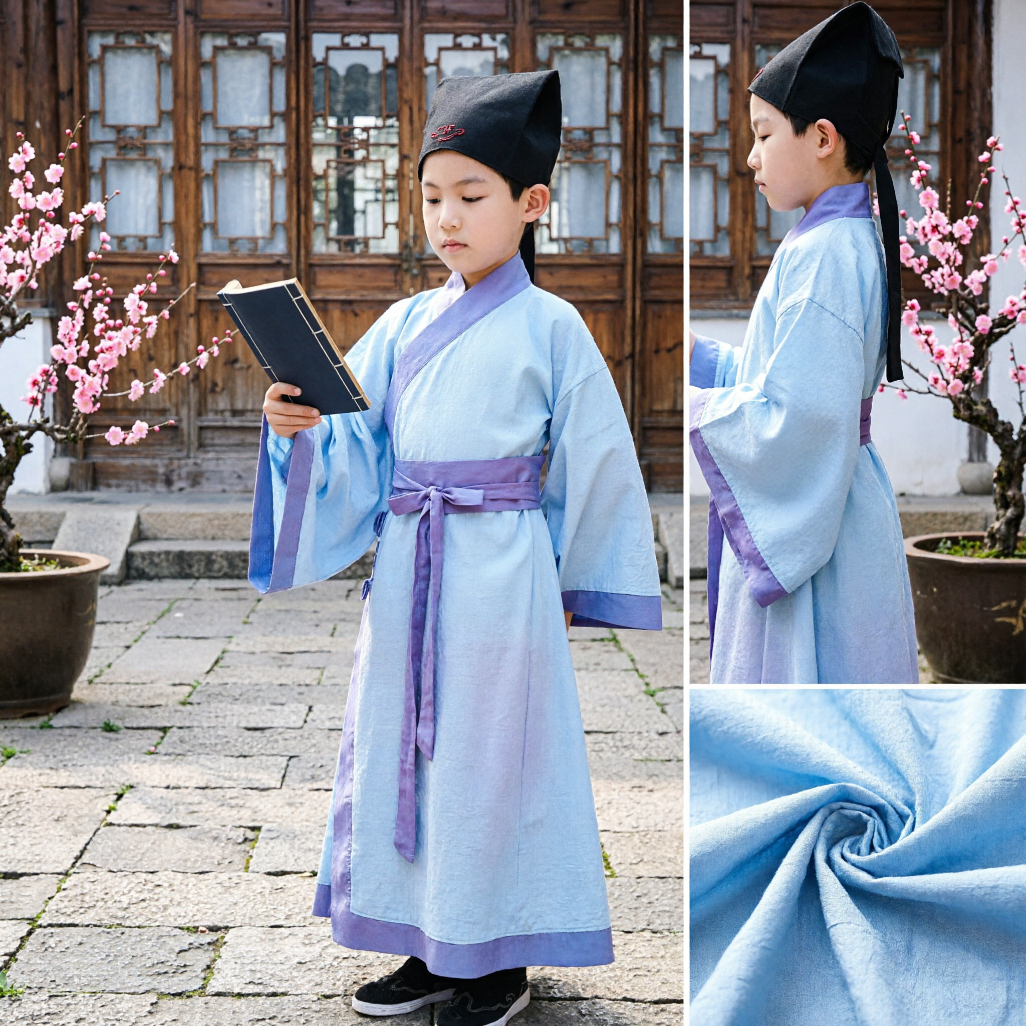 Traditionelles chinesisches Hanfu antikes Gelehrtenkostüm für Kinder Jungen hellblaues Gewand mit Hut Halloween-Cosplay - Asian Costume
