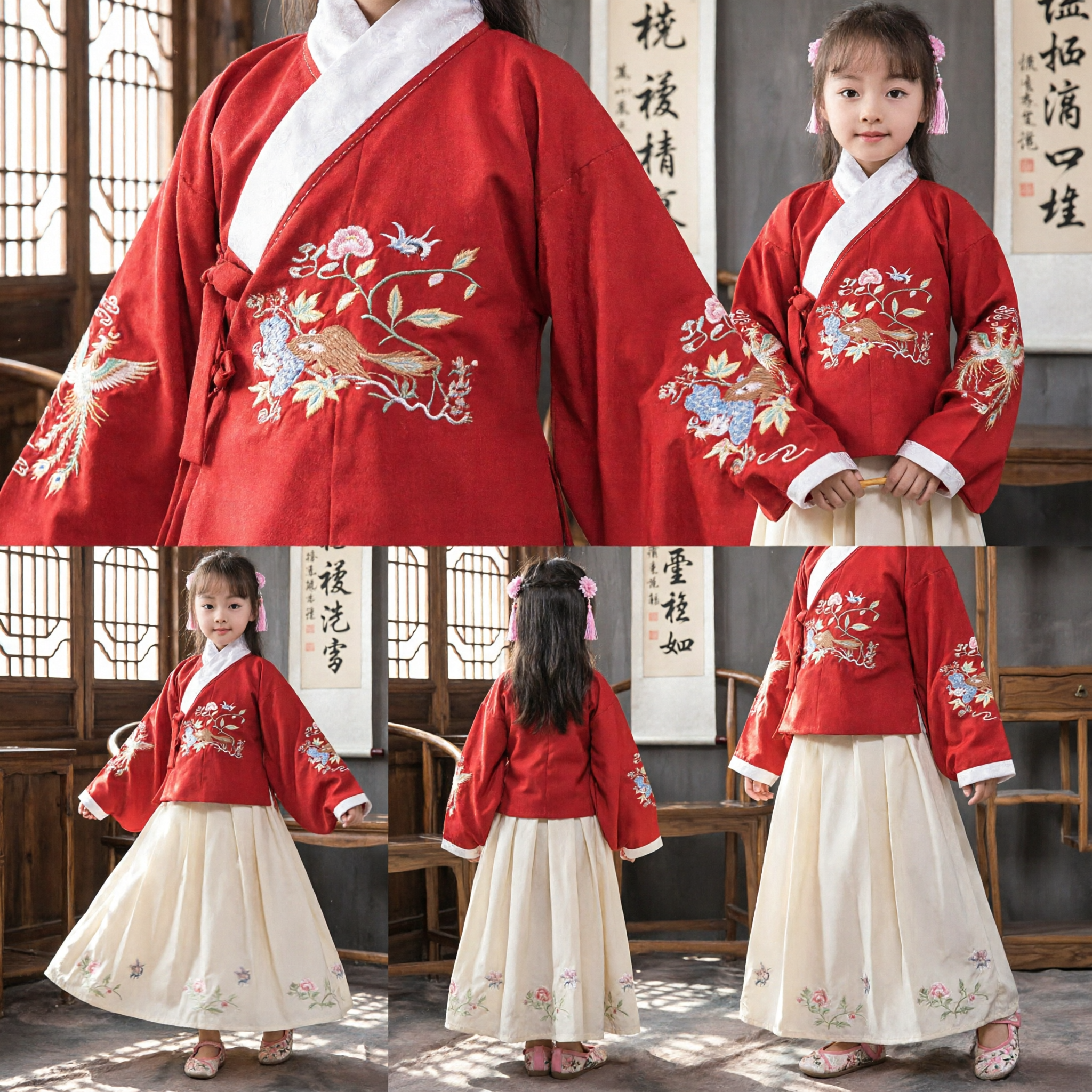 Hanfu Tradizionale Cinese per Bambine Top Rosso Ricamato e Gonna Bianca Pieghettata Set Costume Antico - Asian Costume