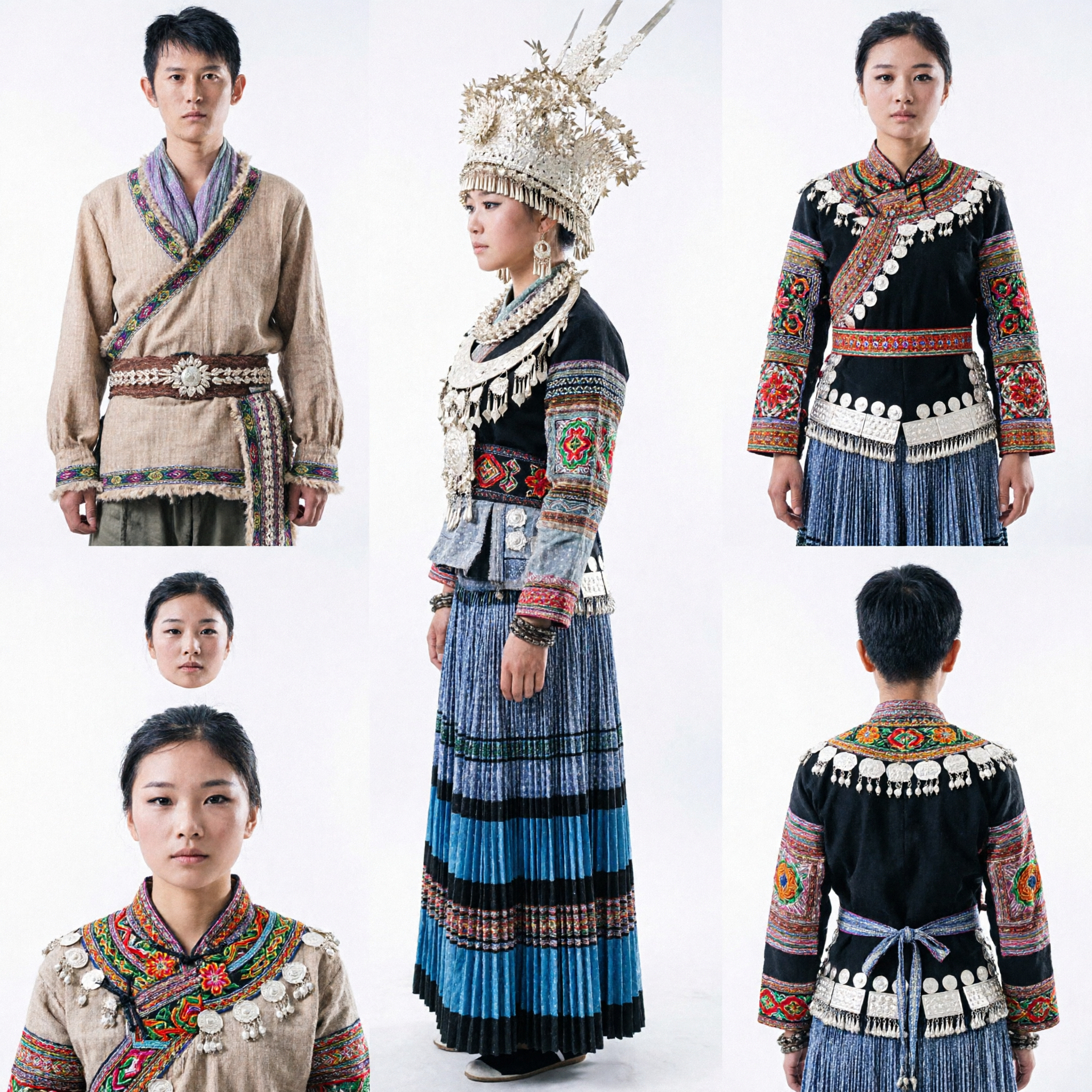 Traditionelles chinesisches Miao-Volkskostüm für Paare Silber-Kopfschmuck Volkstanz Bühnenauftritts- und Fotografie-Outfit - Asian Costume