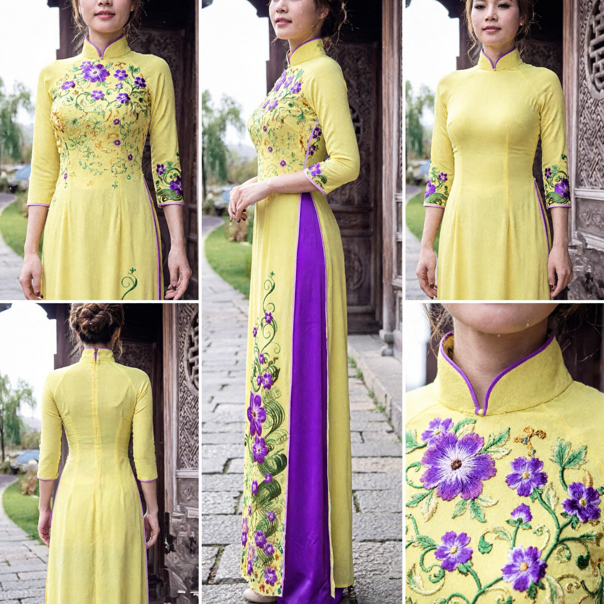 Ao Dai Vietnamita Tradizionale Elegante Giallo con Ricamo Floreale Viola per Matrimonio e Feste Femminili - Asian Costume