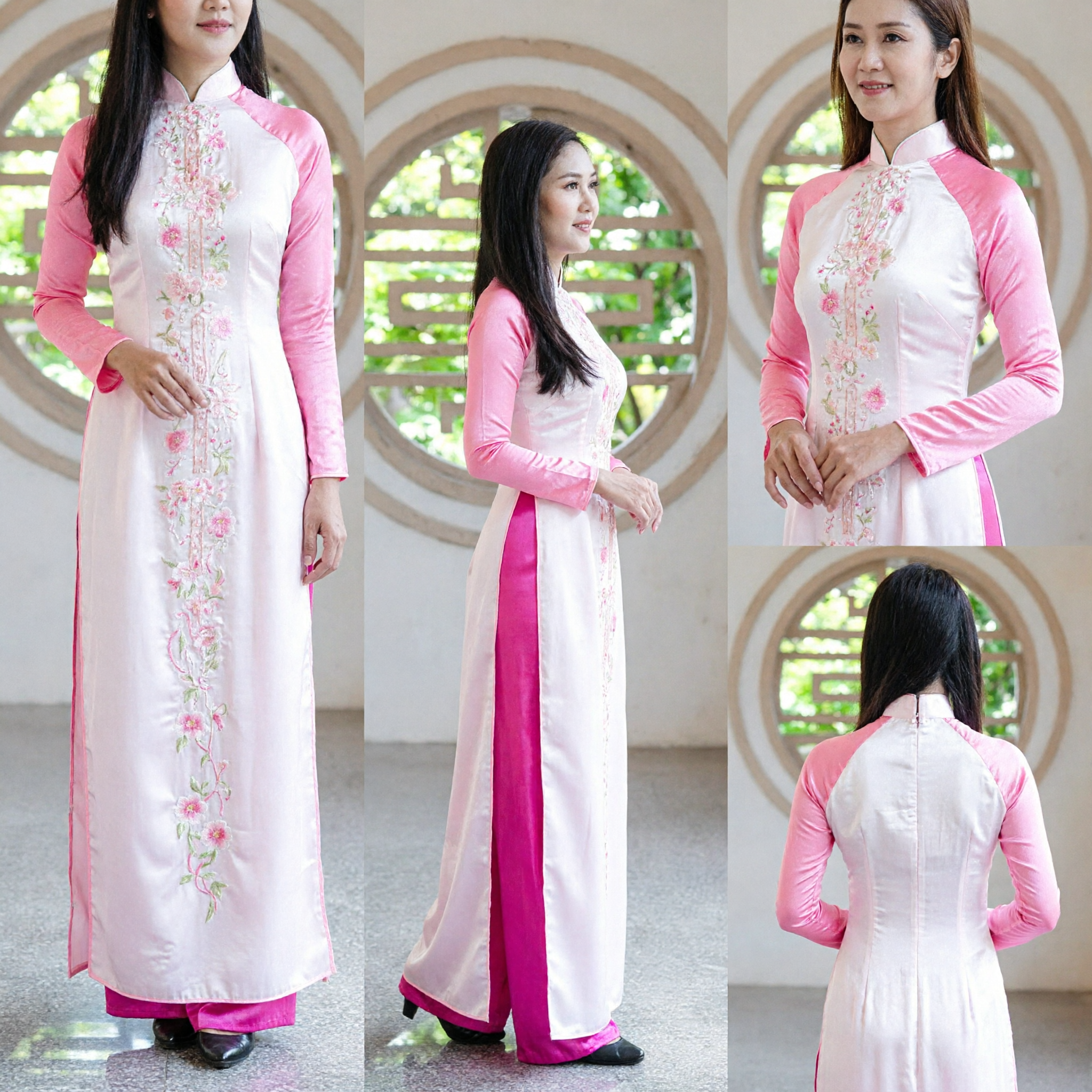 Ao Dai Vietnamita Tradizionale Elegante per Donne Rosa e Bianco con Ricamo Floreale per Matrimonio - Asian Costume