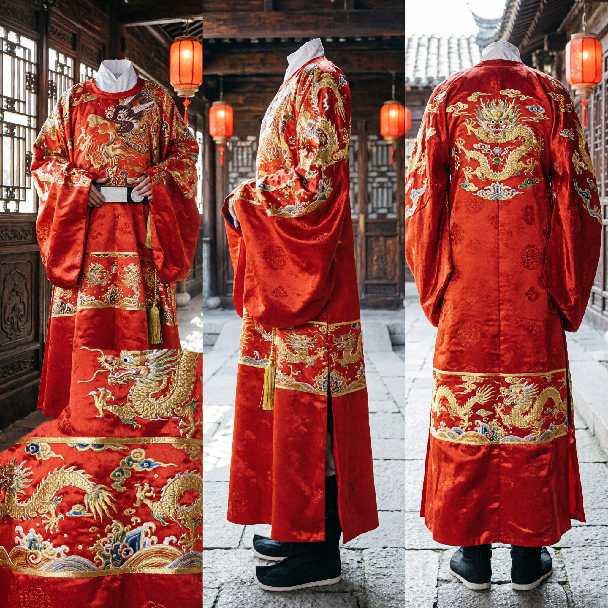 전통 중국 명나라 빨간색 용 로브 한푸 웨딩 신랑 의상 고대 황제 의상 (남성용) - Asian Costume