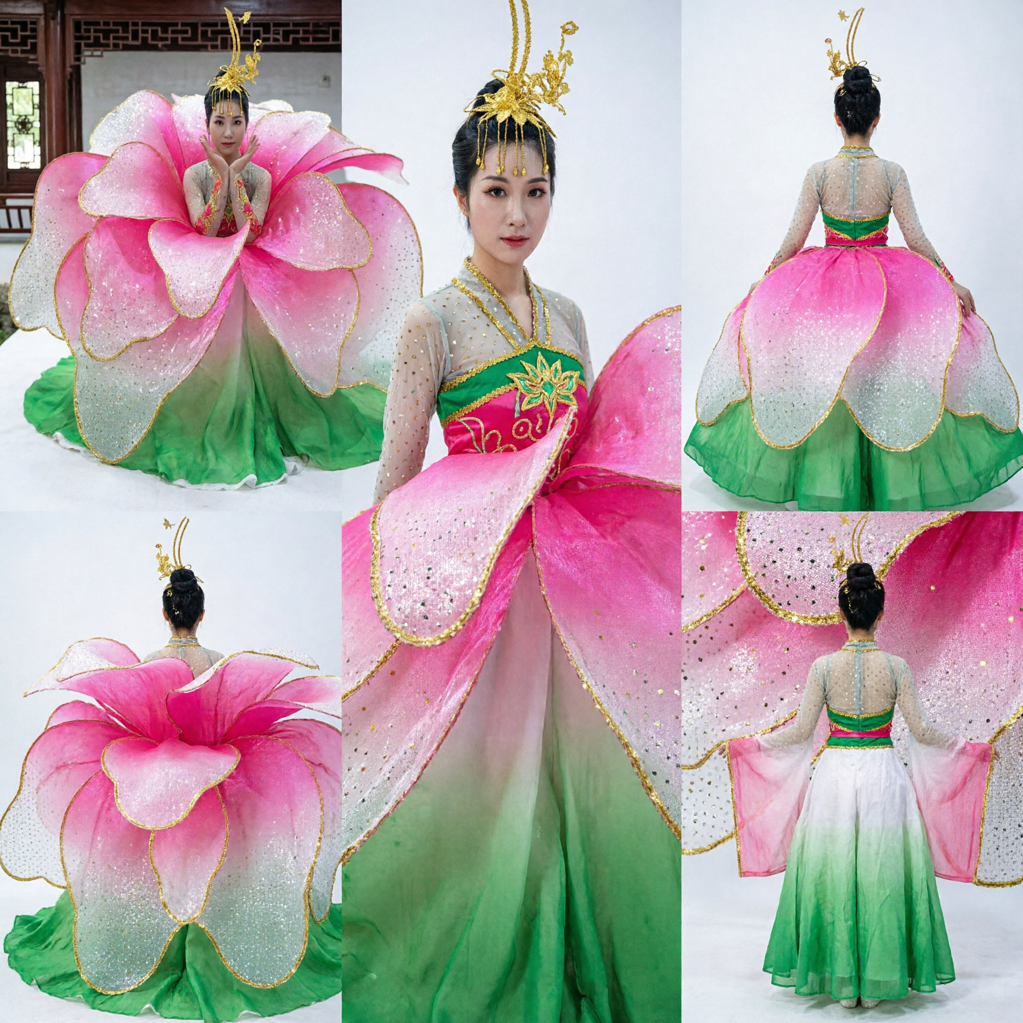 Vrouwen Reusachtige Roze Bloem Danskostuum Traditionele Chinese Folk Podiumoptreden Jurk voor Culturele Shows - Asian Costume