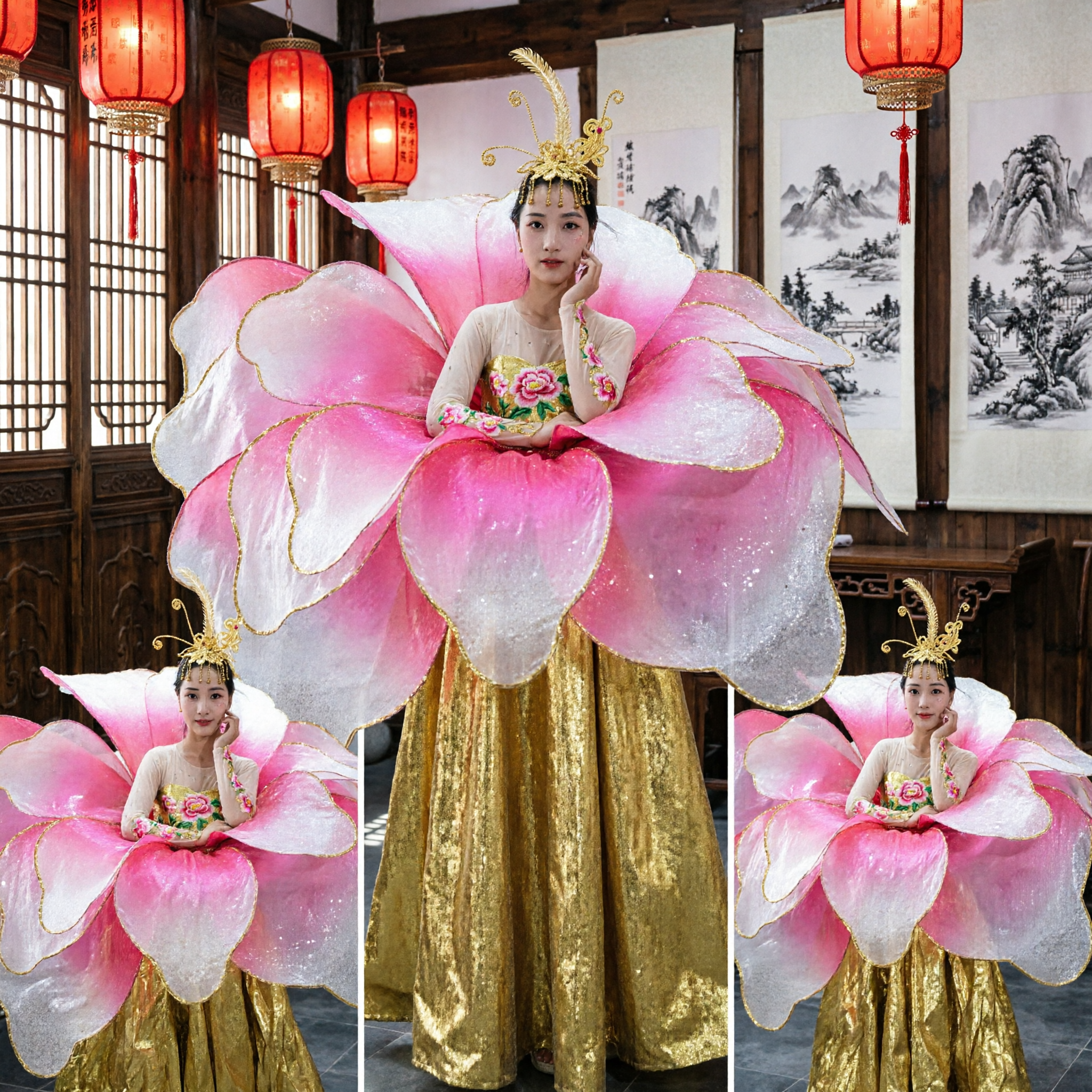 Traditionelles chinesisches rosafarbenes Lotusblumentanzkostüm für Frauen, Bühnenaufführungs- und Festivaloutfit - Asian Costume