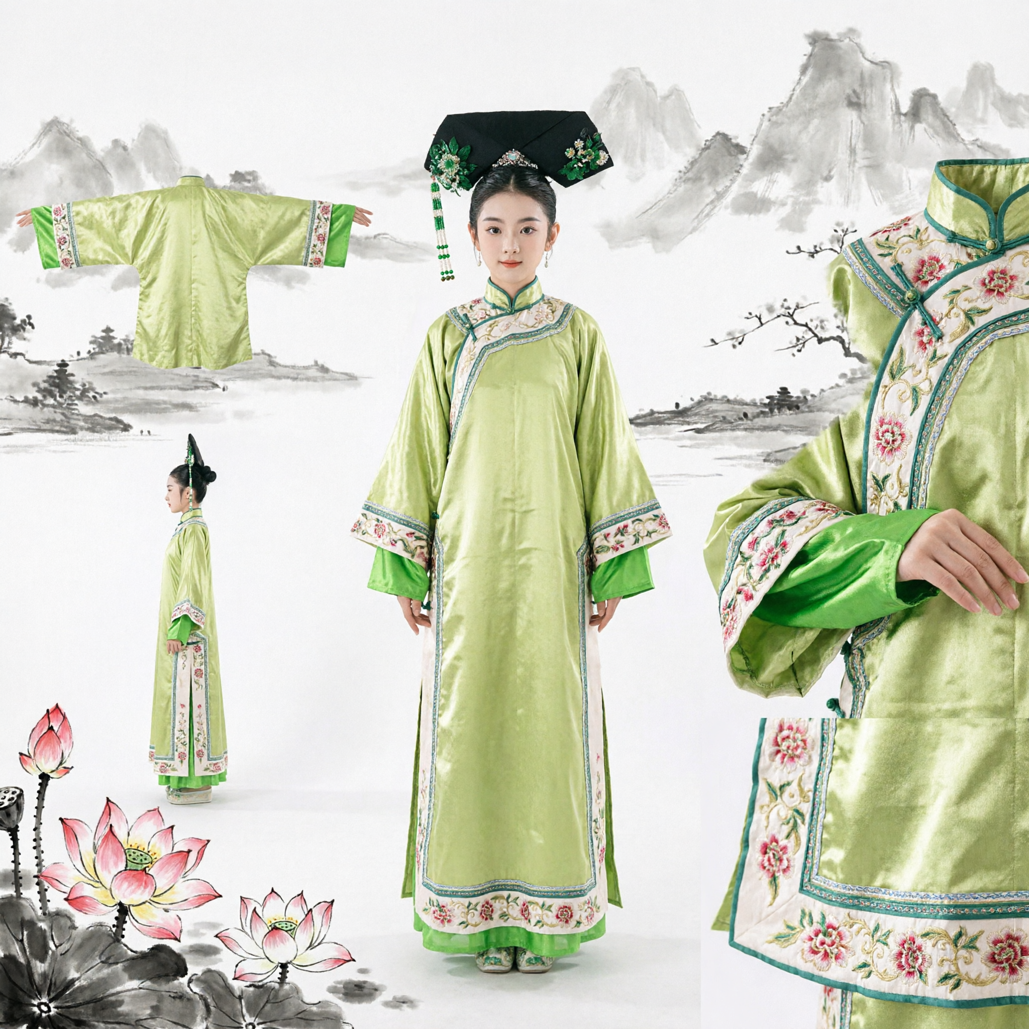 Costume Tradizionale Cinese della Dinastia Qing da Ancella di Palazzo Verde per Ragazze Set Completo con Copricapo per Rappresentazioni Teatrali - Asian Costume