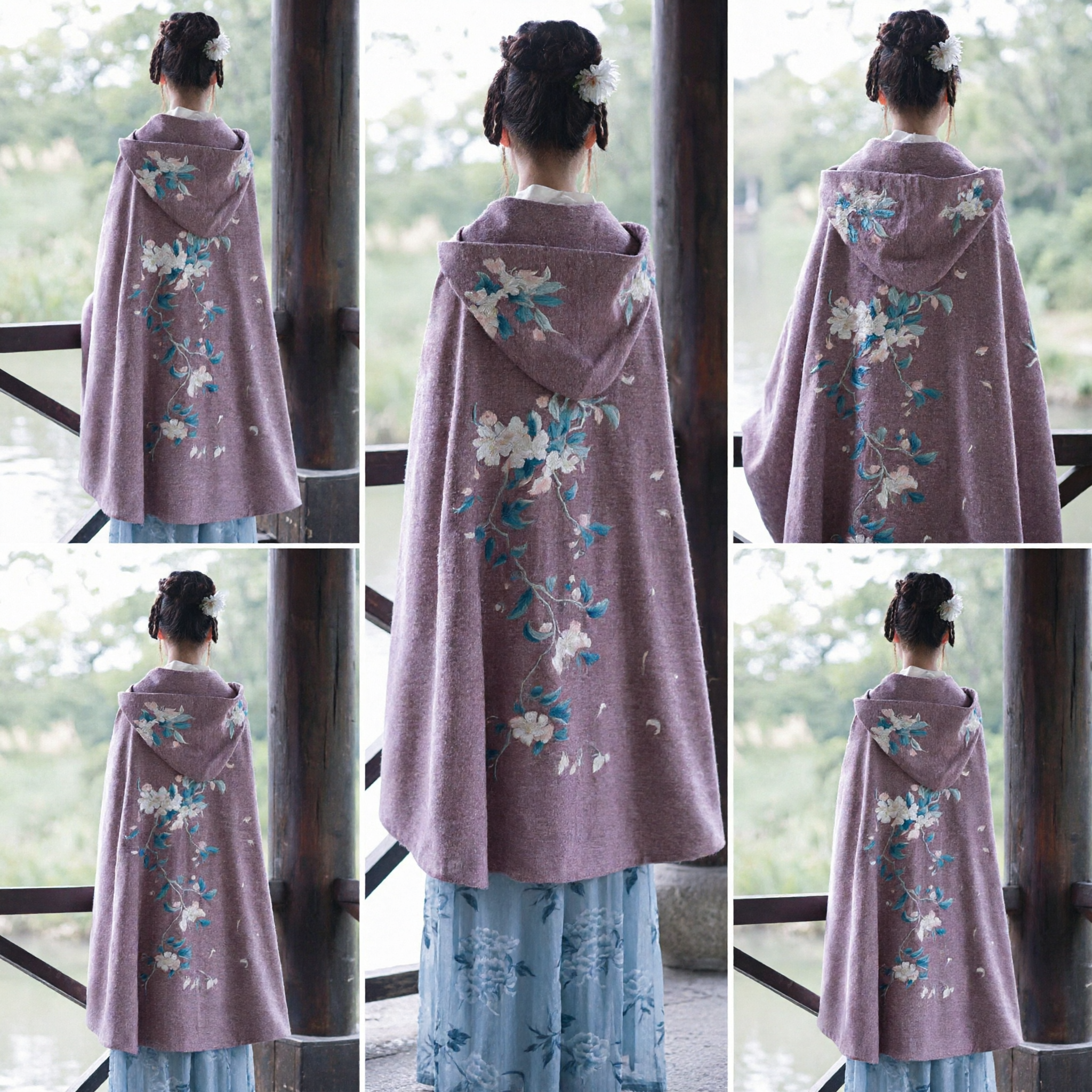 古代中国風ハンフーフード付きケープクローク冬用保温コート女性用花柄刺繍 - Asian Costume