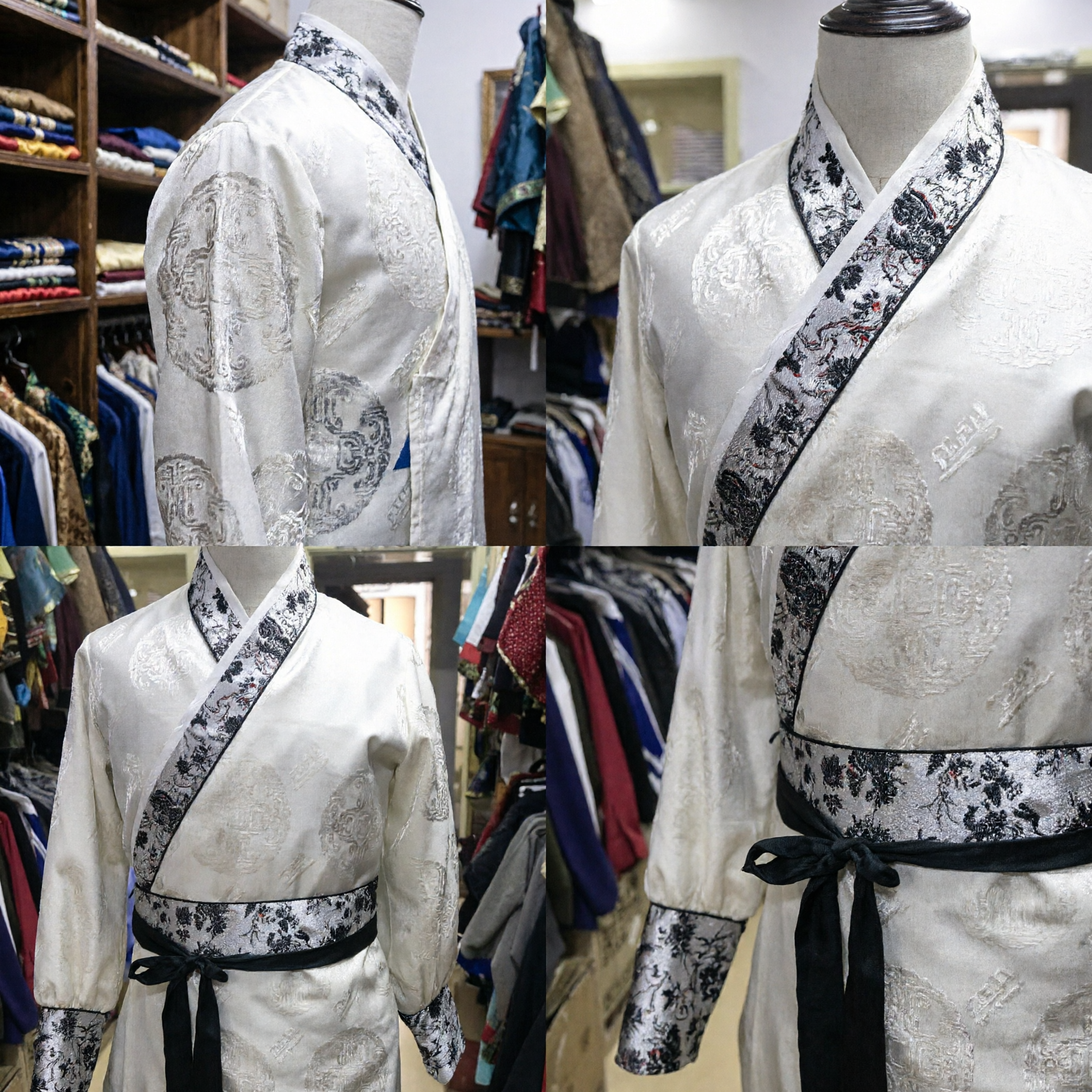 Traditioneel Chinees Hanfu Mannen Witte Gewaad Oud Kruiskraag Kostuum Zwart Bloemenrand voor Cosplay - Asian Costume