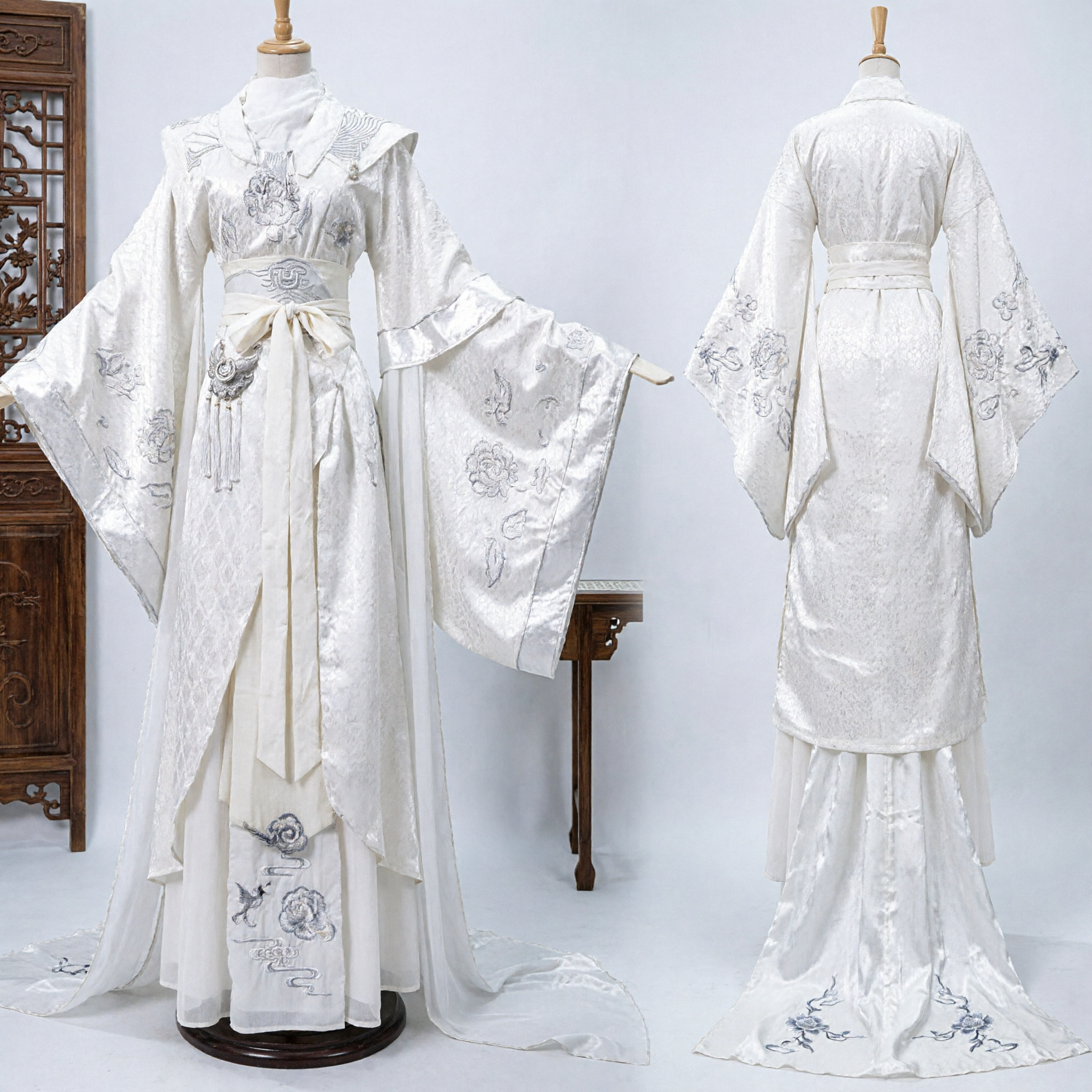 White Chinese Traditional Hanfu Costume Ancient Fairy Dress Embroidered Wide Sleeve Clothing for Women Cosplay - Asian Costume