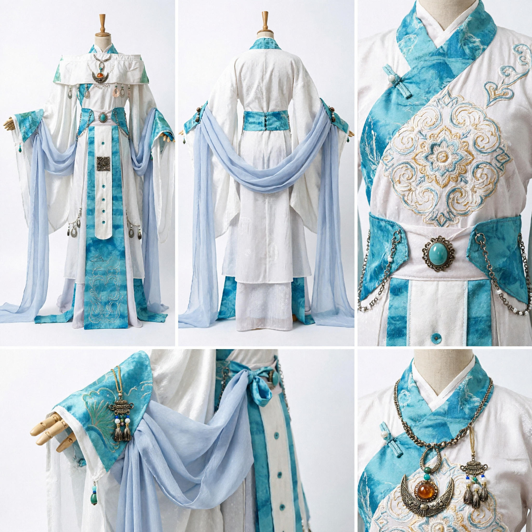 Costume Tradizionale Cinese Hanfu Antico per Uomini Tunica Nobile Bianca e Blu Ricamata per Cosplay Fantasy - Asian Costume