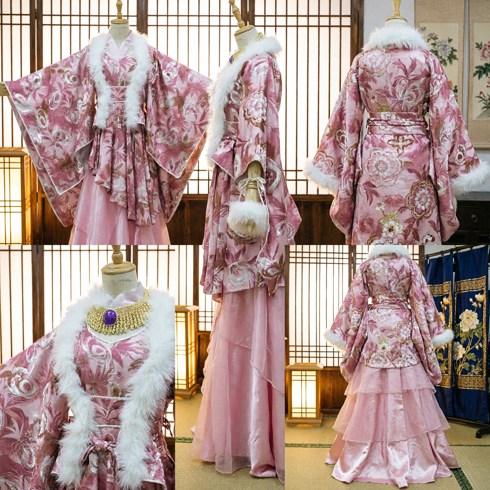 Traditional Chinese Pink Princess Costume Tang Dynasty Style Hanfu with White Fur Collar for Stage Show - Asian Costume