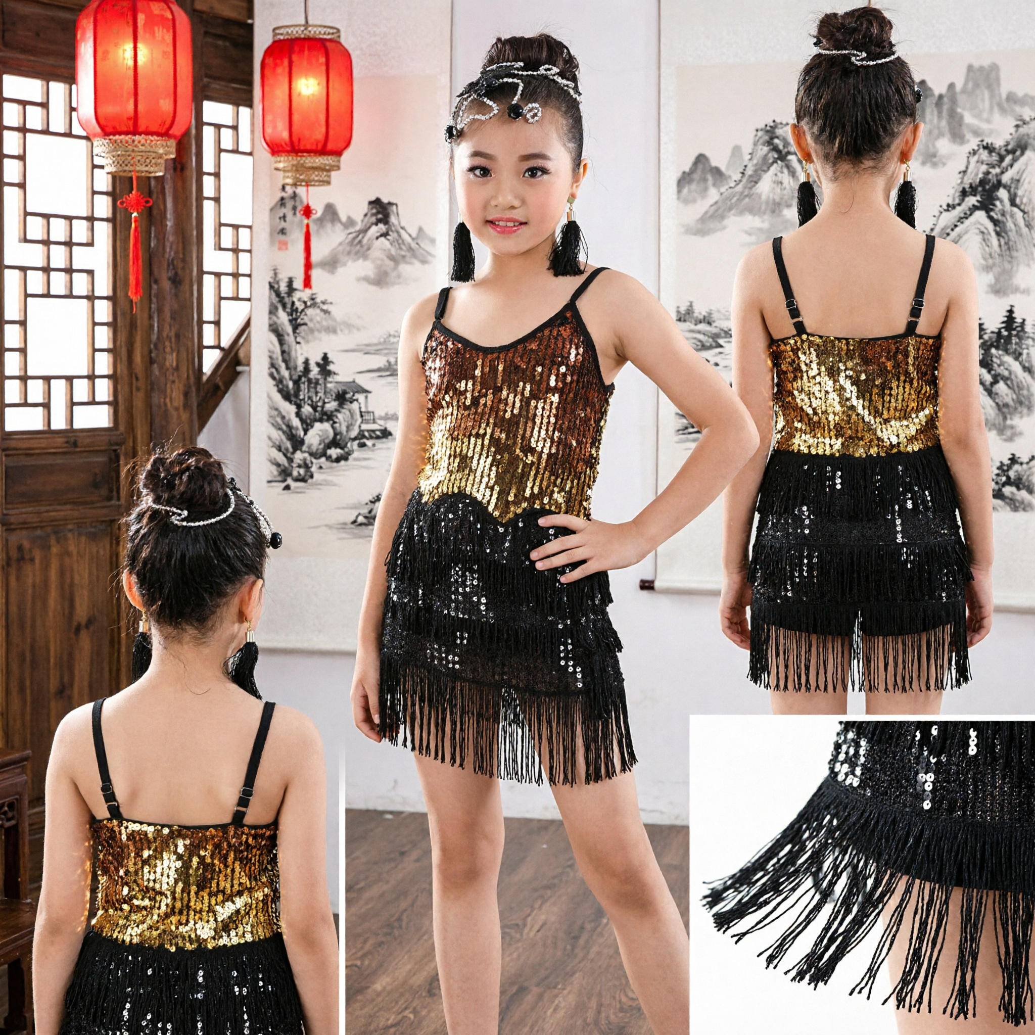 Traje de Baile Latino para Niñas Conjunto de Top de Tirantes con Lentejuelas y Falda Negra de Flecos para Presentaciones de Salón y Salsa - Asian Costume