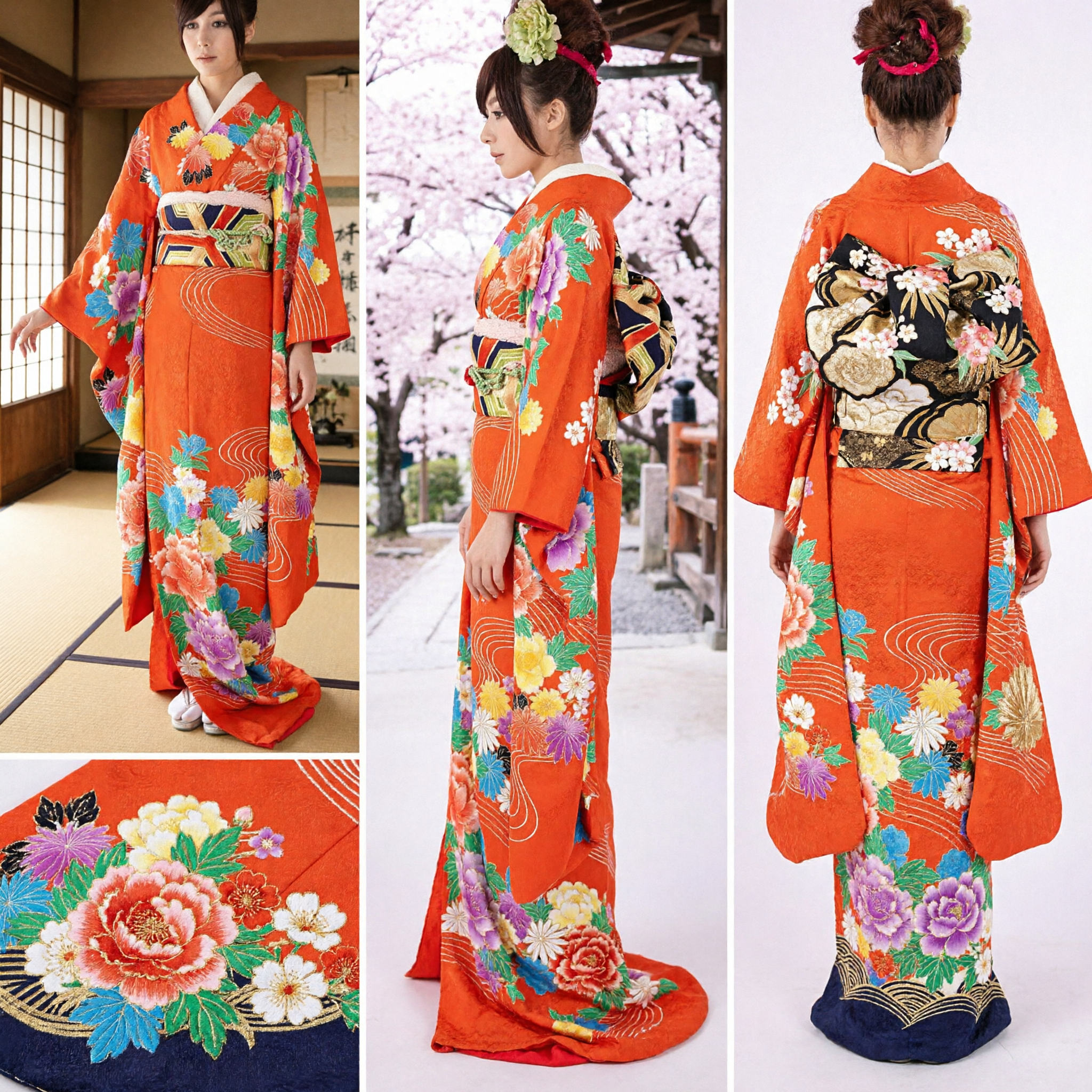 Costume Tradizionale Giapponese Kimono Furisode Arancione Floreale per Donne per Spettacoli di Danza Geisha e Maiko - Asian Costume