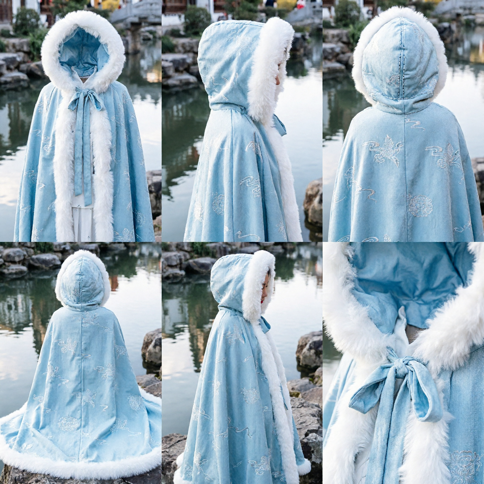 Traditioneller chinesischer Hanfu-Winterumhang hellblaue Pelzkapuzencape antikes Kostüm für Frauen bei Cosplay-Events - Asian Costume