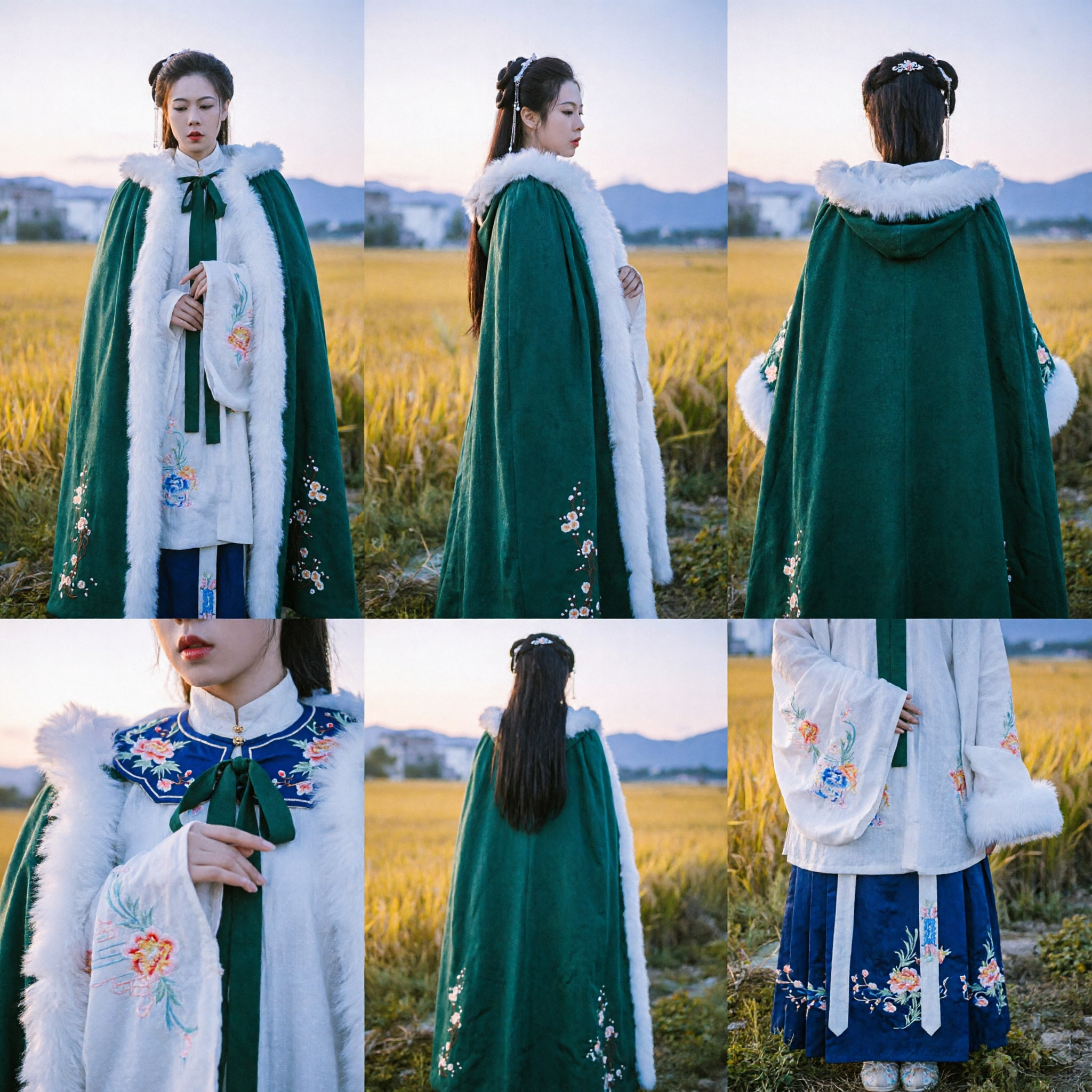 Manteau d'hiver de style ancien chinois Hanfu, cape vert émeraude avec garniture en fourrure blanche et broderie pour femmes - Asian Costume