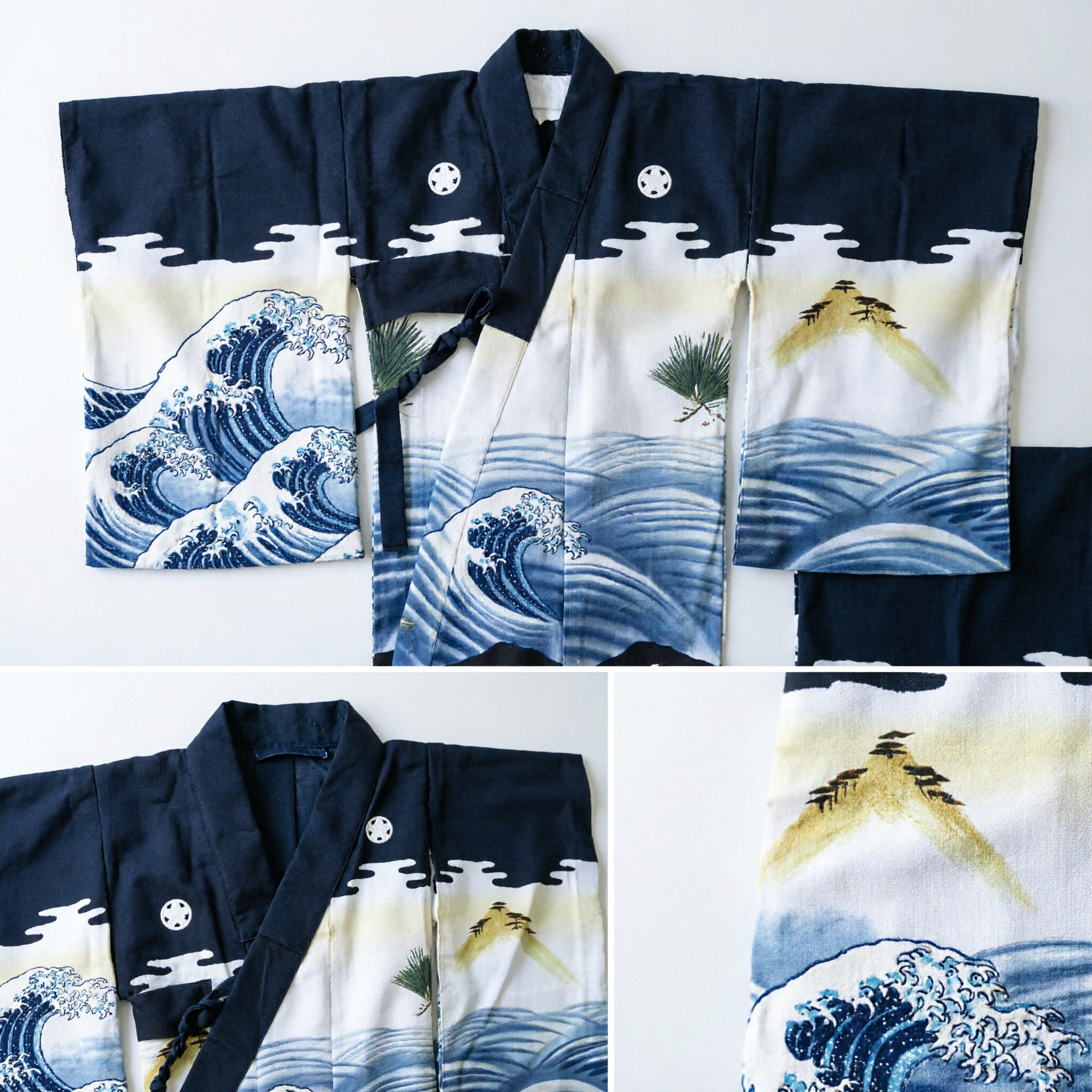 Vrouwen Traditioneel Japans Zwart Kimono met Blauwe Golf en Denneboom Ontwerp voor Formele Bruiloftsceremonies - Asian Costume