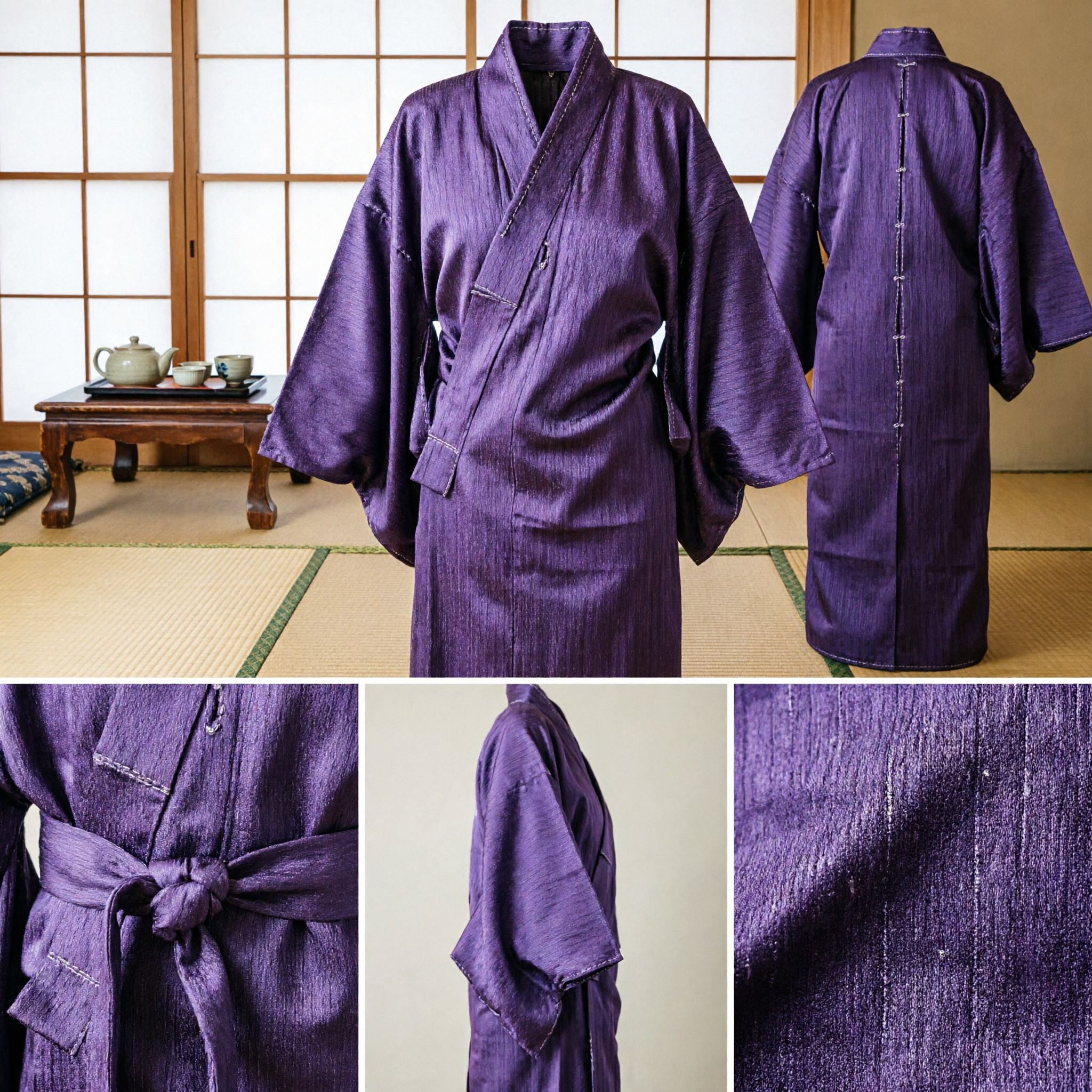 Robe de kimono asiatique traditionnelle à rayures violettes pour hommes et femmes, costume de méditation et d'arts martiaux - Asian Costume