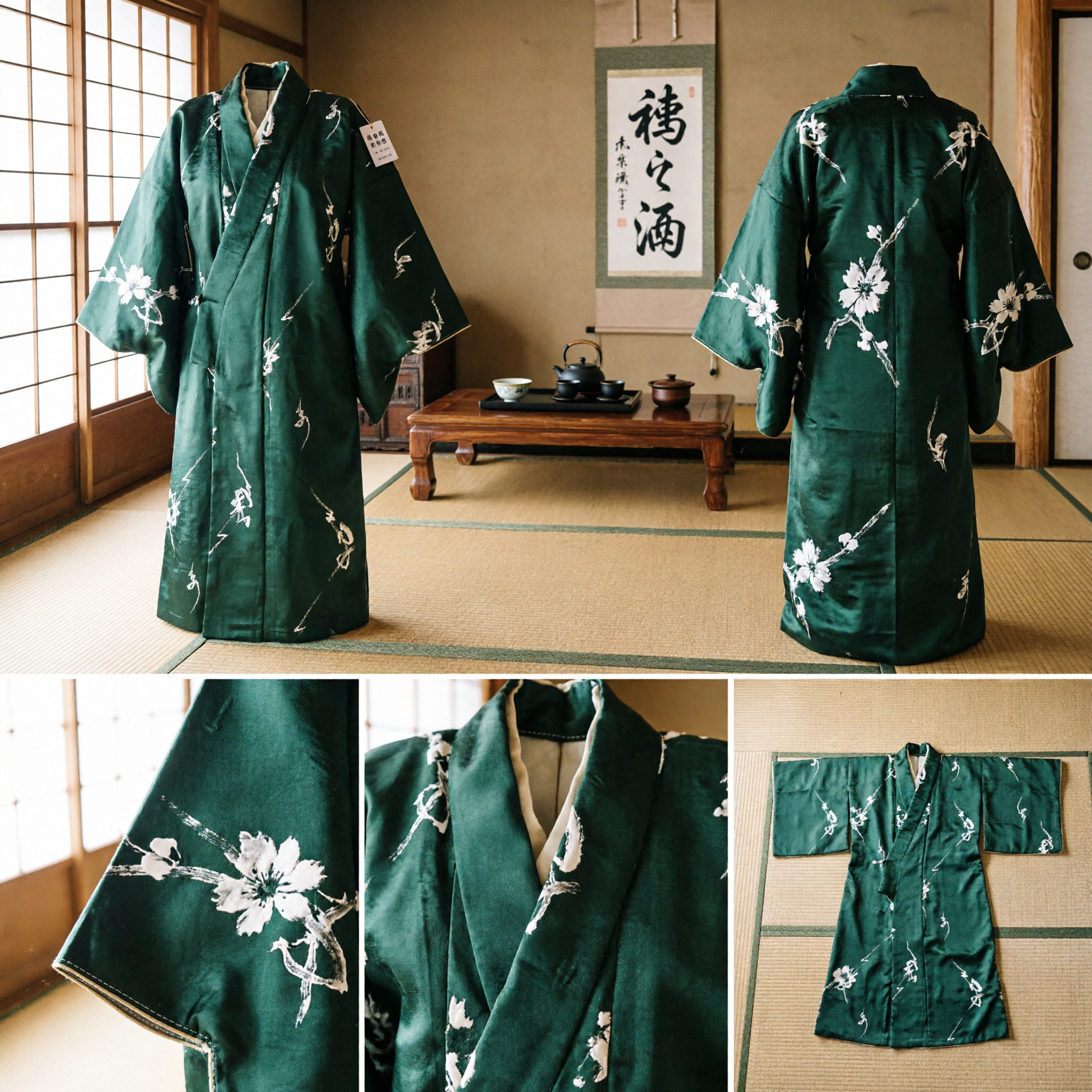 Tradycyjny Japoński Ciemnozielony Kimono Yukata z Abstrakcyjnym Wzorem Kaligrafii dla Mężczyzn na Festiwal i Cosplay - Asian Costume