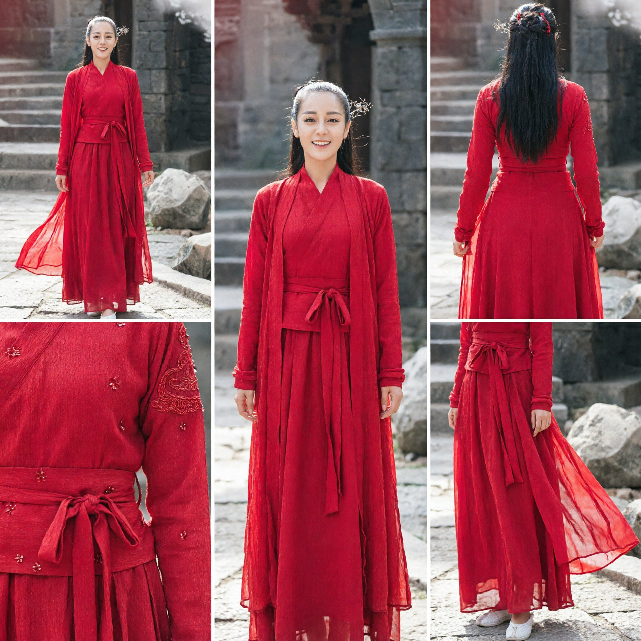 Traditional Chinese Red Hanfu Costume Full Set Ancient Wuxia Swordswoman Dress for Women Cosplay - Asian Costume